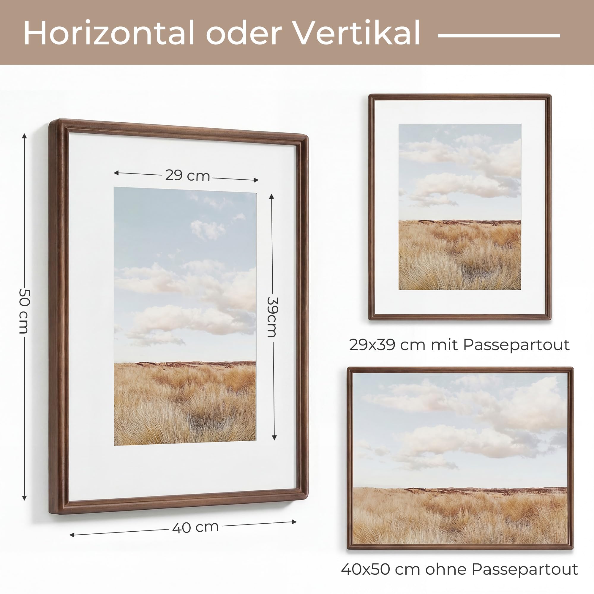 Feihorrm Cornice portafoto 40 x 50 cm, in legno massiccio di noce, con vetro temperato, per foto da 40 x 50 cm senza passepartout o foto da 29 x 39 cm, con passepartout, orizzontale e verticale