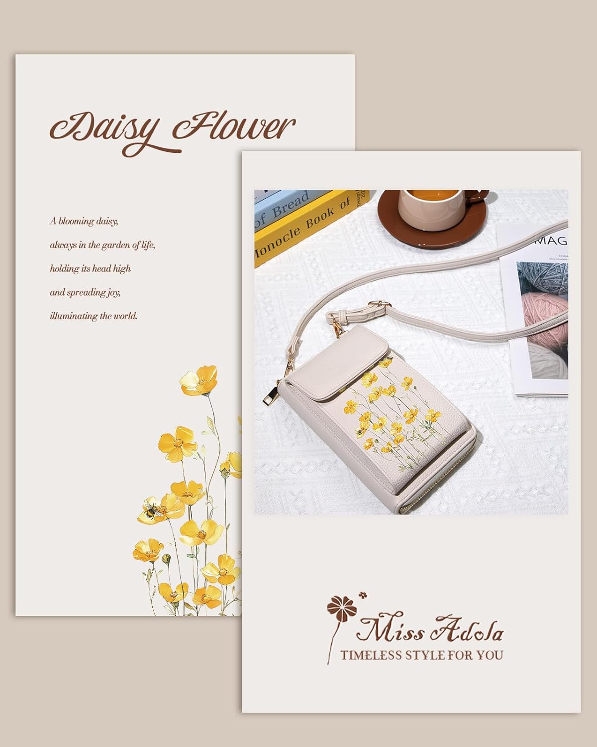 Cell Phone Purse Crossbody Bags for Women - Cute Design Leather Cellphone Bag Small Cross Body Bags Wallet Purses Trendy Aesthetic Pouch for iPhone with Adjustable Strap, Daisy - Image 2