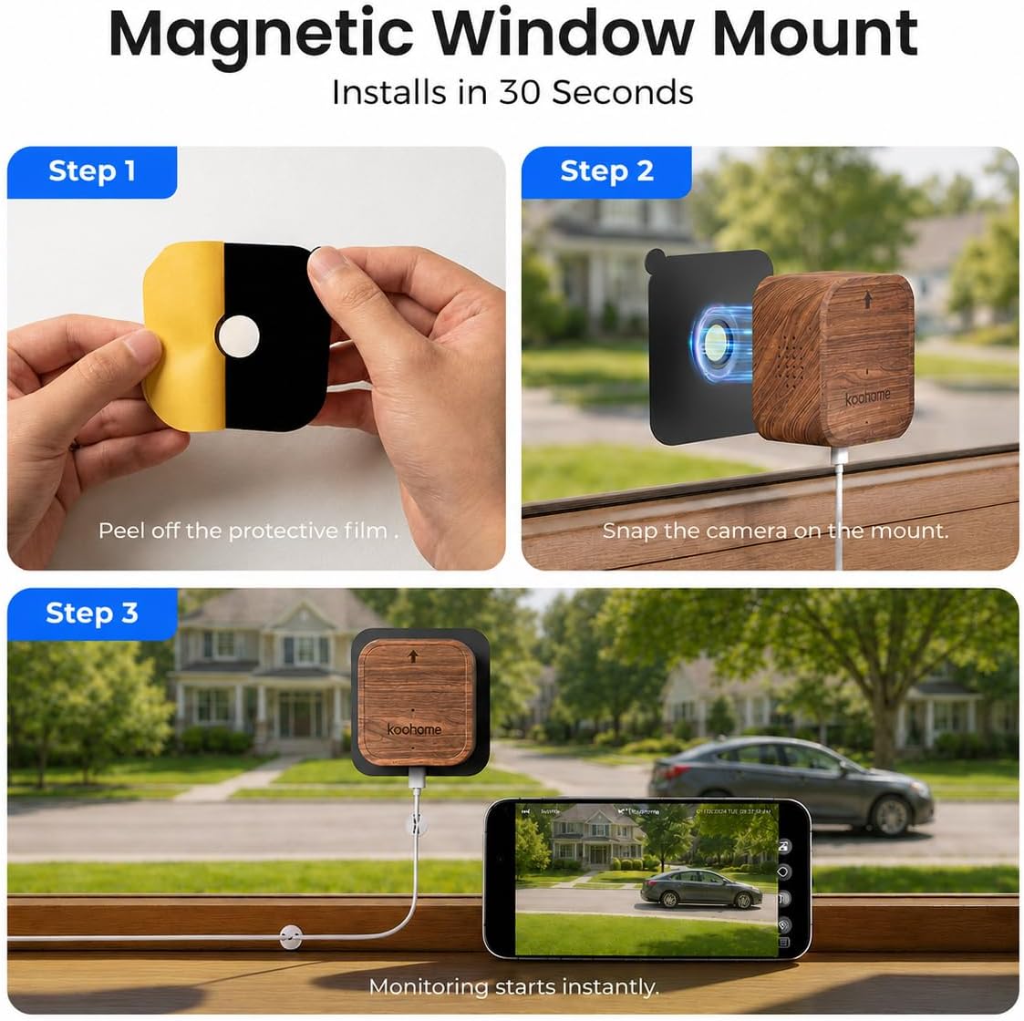 5MP 3K Window Camera 2 Pack for Indoor & Outdoor Home Security, Magnetic Mount, Color Night Vision, 24/7 Recording, Free Cloud Storage, No Subscription, Dual-Band WiFi, AI Detection, Walnut Wood