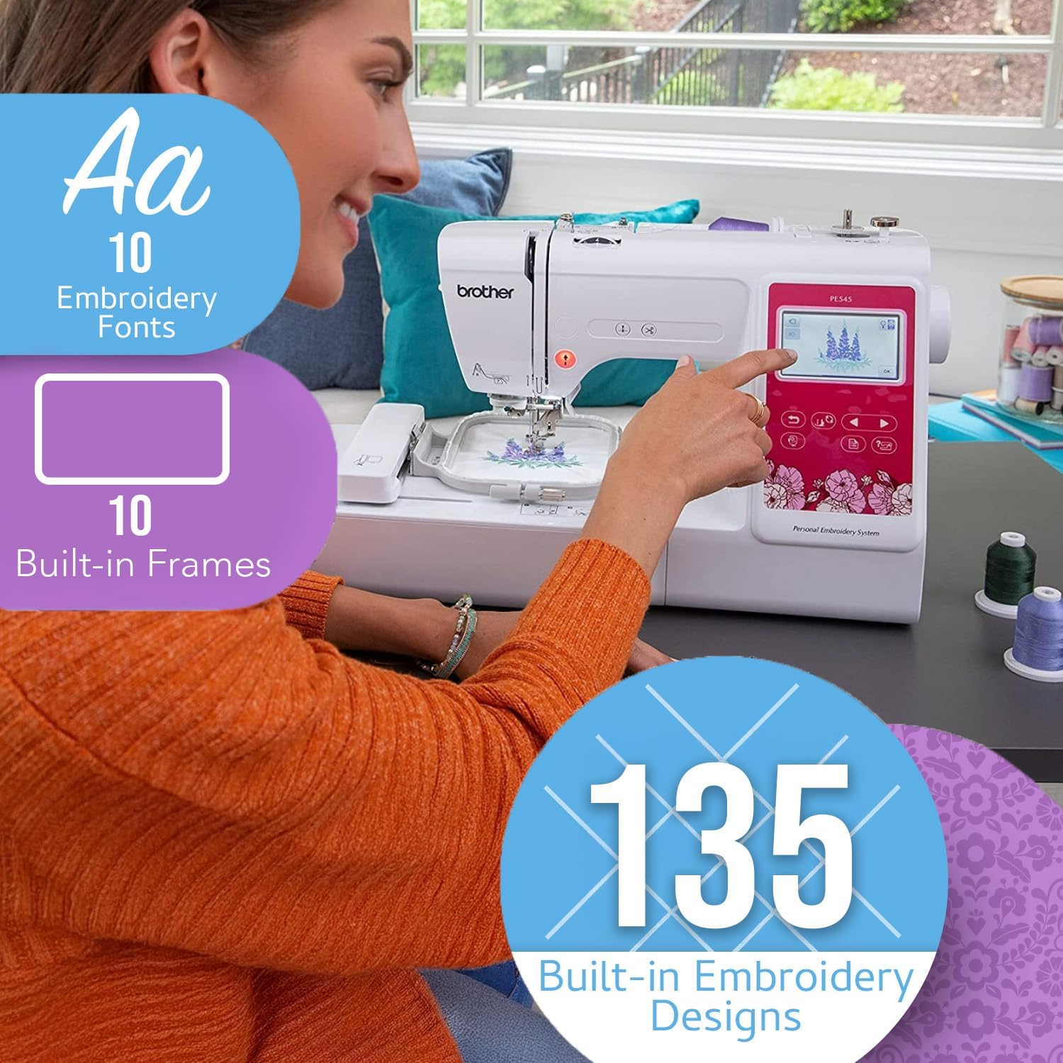 Brother Elite PE545 3.7-Inch LCD Touch Display Computerized Embroidery Machine Bundle with Needles, Bobbins and Thread Kit (4 Items)