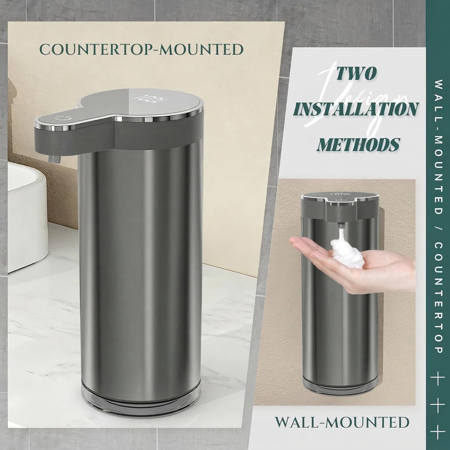 Stainless Steel Automatic Foam Soap Dispenser, 12oz/350ML Touchless Foaming Soap Dispenser, 4-Level Adjustable Sensor Electric Dispenser, Wall-Mounted Soap Dispenser for Kitchen Bathroom Office (Grey)