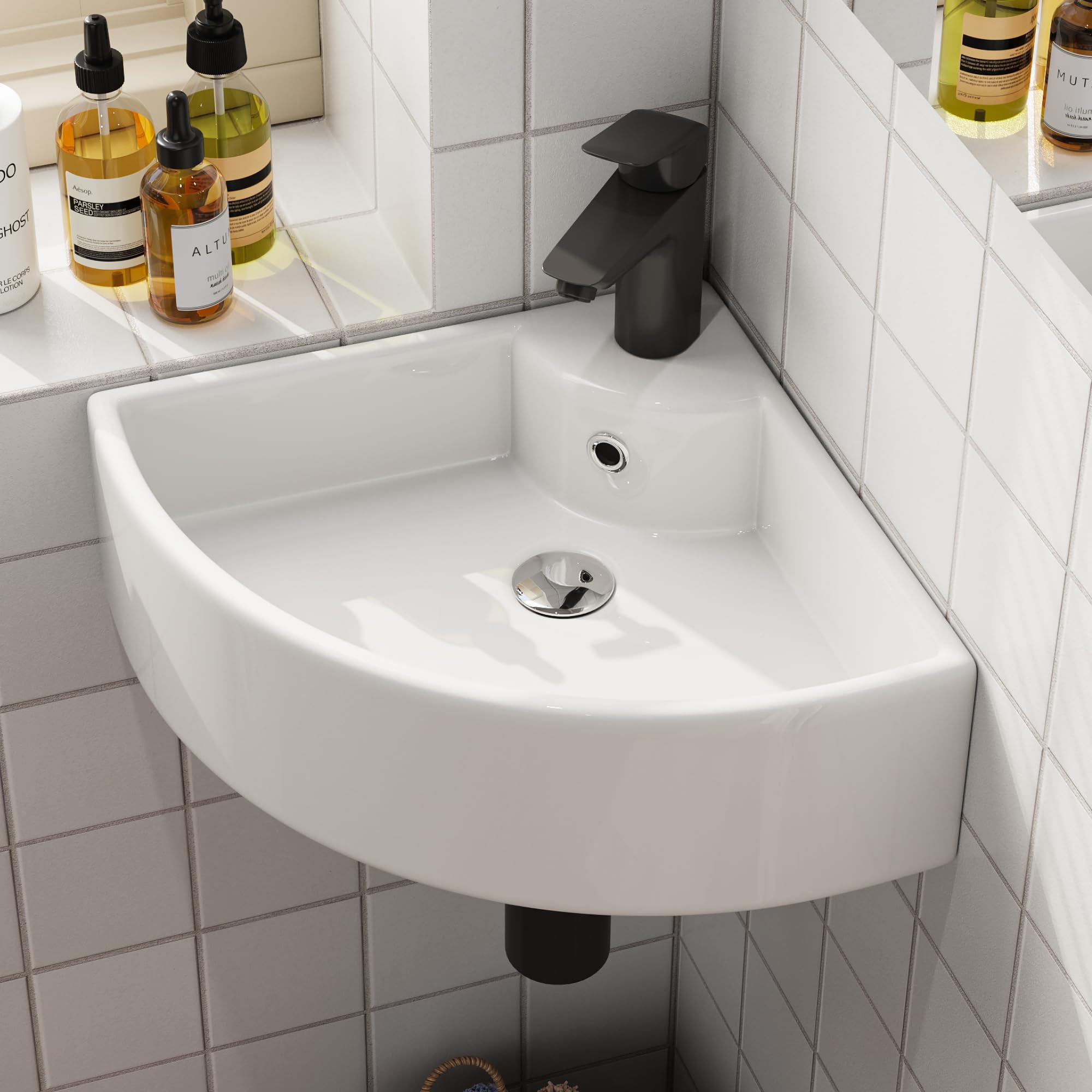 HOROW Lavabo Piccolo Angolare in Ceramica, Montaggio a Parete, 46 x 31 cm, Ideale per Bagni Piccoli e Ospiti WC