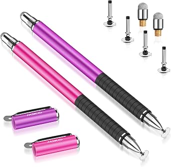 MEKO Stylus Pens for Touch Screens, 2 in 1 Universal Disc Stylus Pens for iPhone, iPad and All Capacitive Cell Phones, Tablets, Laptops Bundle with 6 Replacement Tips - 2 Pcs, Pink/Purple