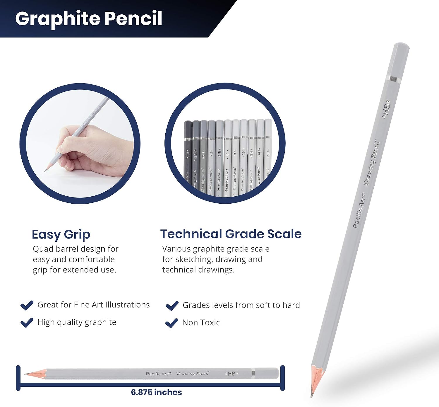 Pacific Arc Premium Graphite Drawing Pencils for Artists, Tech Pack - Professional Pencils for Drawing, Drafting, Sketching and Shading 12 Pk. - Great Non Toxic Art Supplies Set