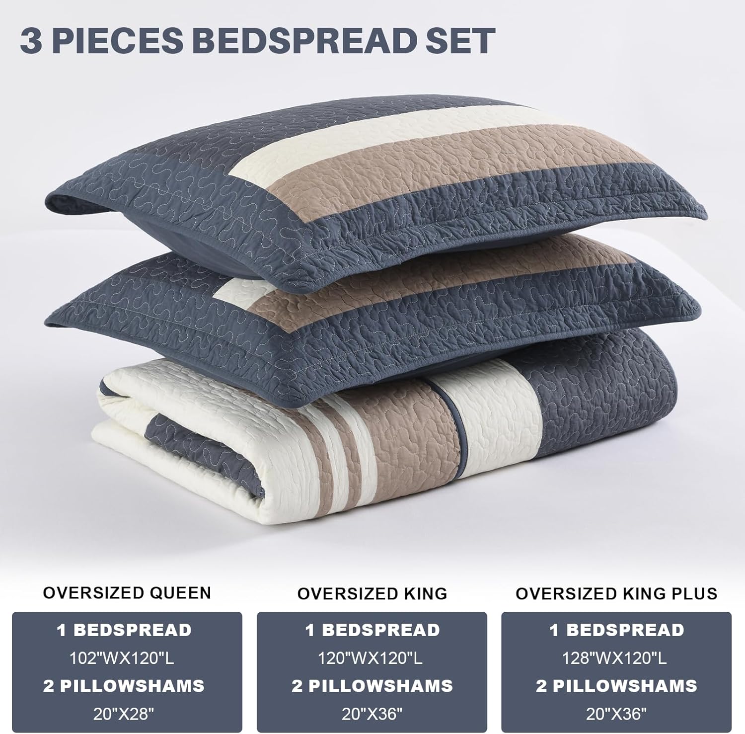 Cotton King Bedspread 120"x120" - Oversized Quilt Set with Pillow Shams, Lightweight Dark Blue and Brown Striped Bed Spread Coverlet, Modern Quilted Reversible Bedding Cover
