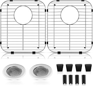 ARLBA 2-Pack 304 Stainless Steel Kitchen Sink Protectors with Rear Drain - 13.2x11.5x1.25" Grids + 2 Strainers & Rubber Feet
