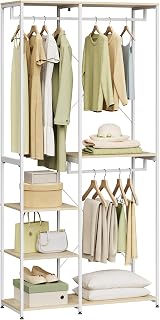 WOLTU Wardrobe Rack, Clothes Rack, Drying Rack with Shelf, Shoe Rack, Wooden and Steel Hanging Shelf, White + Light Oak SR0062whe