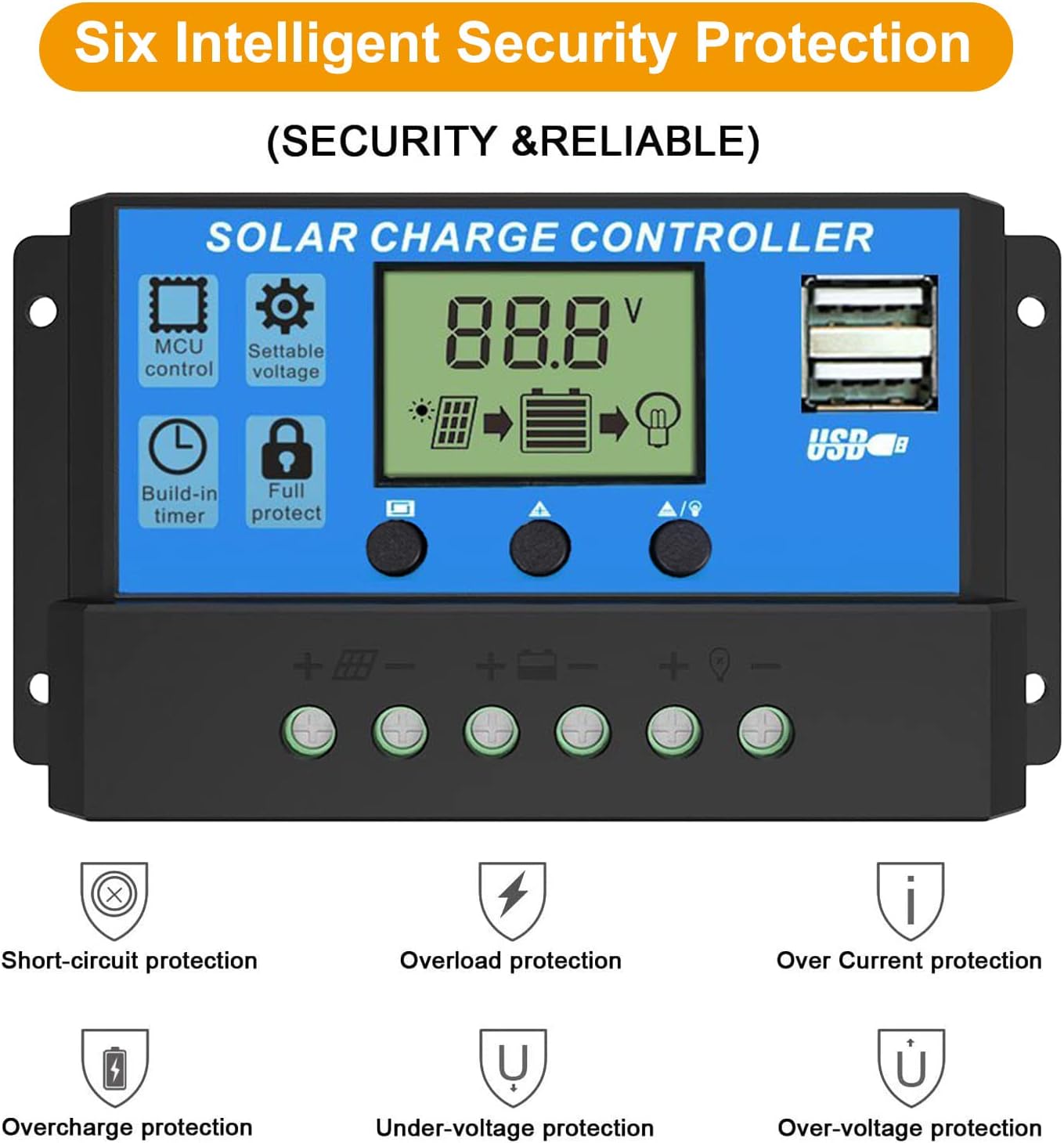EEEKit 20A Solar Charge Controller, 12V/24V Solar Panel Battery Intelligent Regulator with Dual USB Port PWM Auto Parameter Timer Setting Adjustable LCD Display, Blue