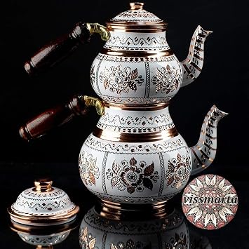Handmade Copper Turkish Teapot Tea Kettle Pots Set for Stove Top Stovetop Decorative Infuser Vintage Antique Arabic Farmhouse Tray Cups Serving Party Moroccan Decor Style Persian Kitchen Fancy Gift