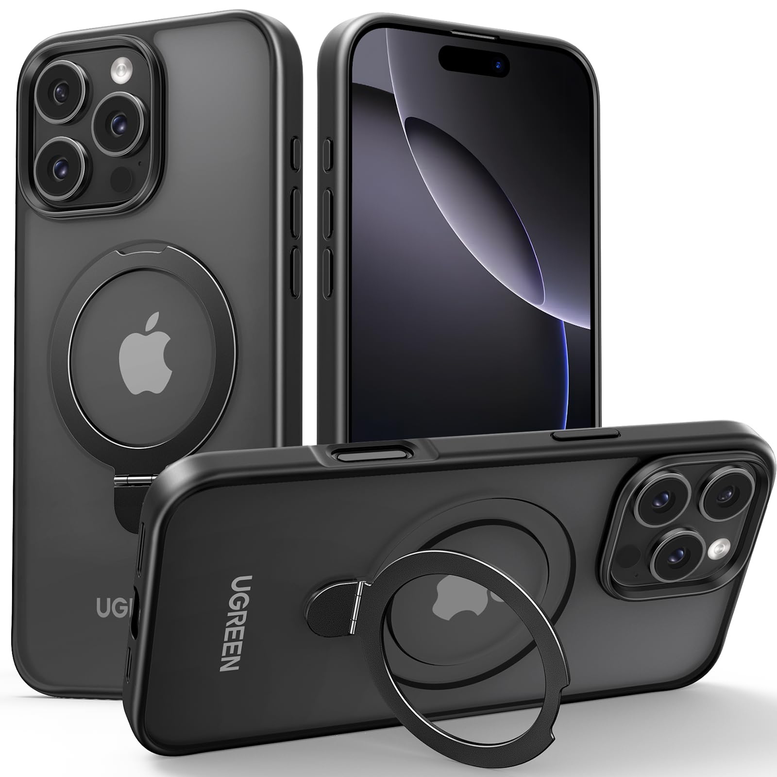 UGREEN iPhone 16 Pro Max Case MagSafe (MagU), Innovative Ring Stand, No Yellowing, MIL-Spec Protection, Black Frame Matte Back, Anti-Scratch Cover with Kickstand for iPhone 16 Pro Max 6.9" Accessories
