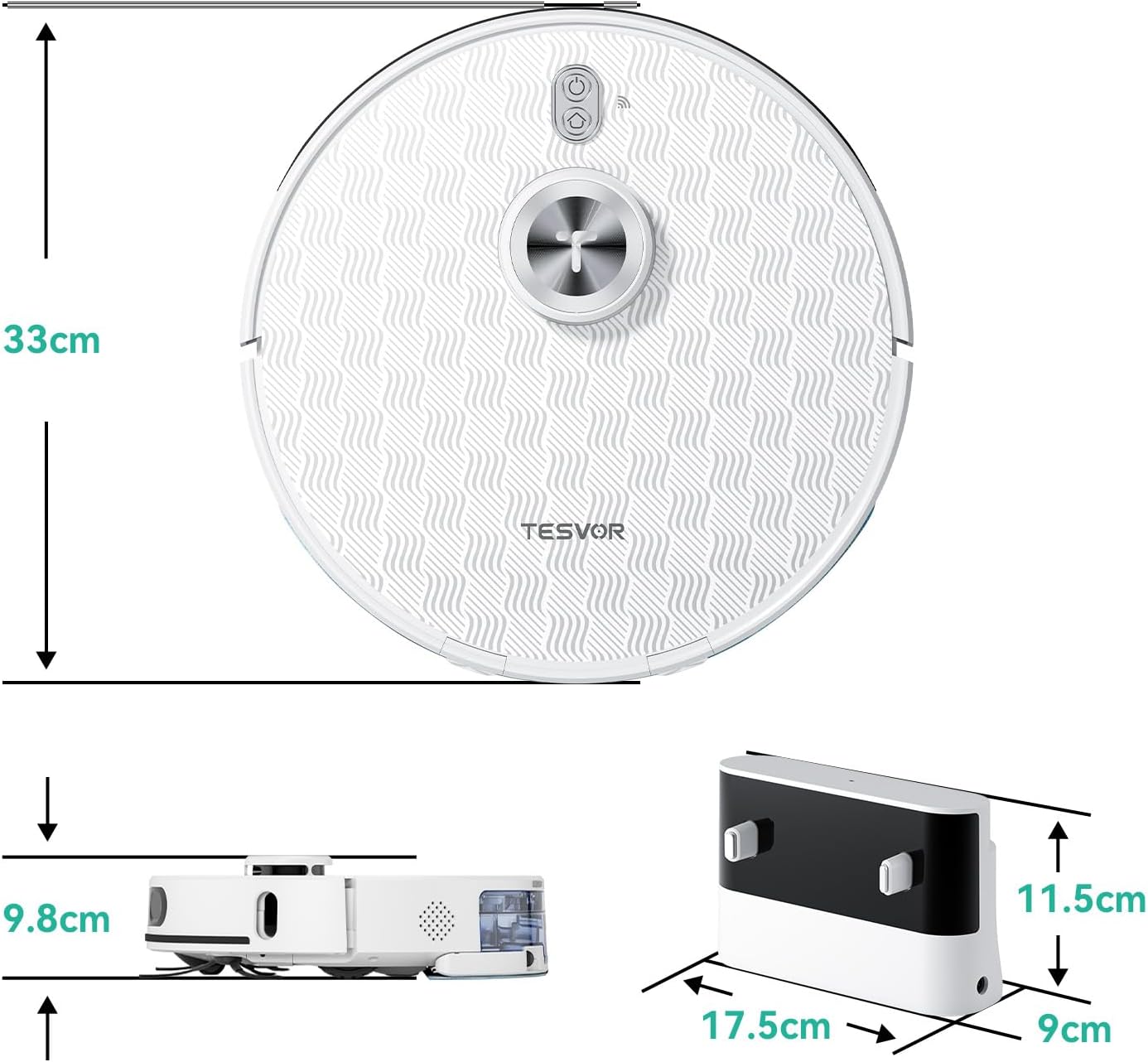 Diagram showing the dimensions of the Tesvor S8 Pro robot vacuum cleaner and its charging station