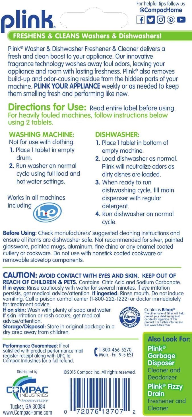 Compac Home Plink Appliance Freshener, Dishwasher, Washing Machine Cleaner, Water Activated, Fresh Lemon Scent, 4 Count