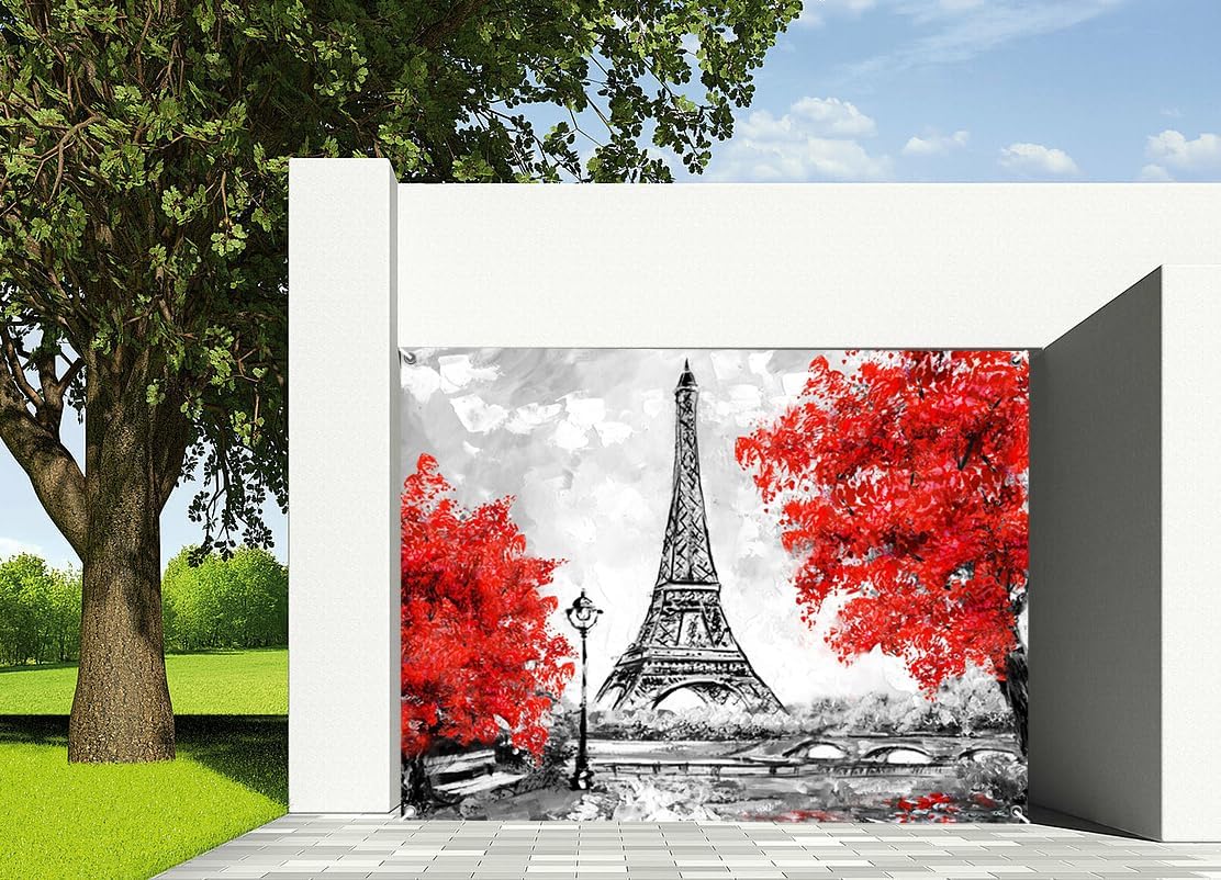 7x8ft France Eiffel Tower Garage Door Decor Black White Paris European City Landscape Red Maple Leaves Tree Garage Decorative Romantic Wedding Photo Wallpaper Props