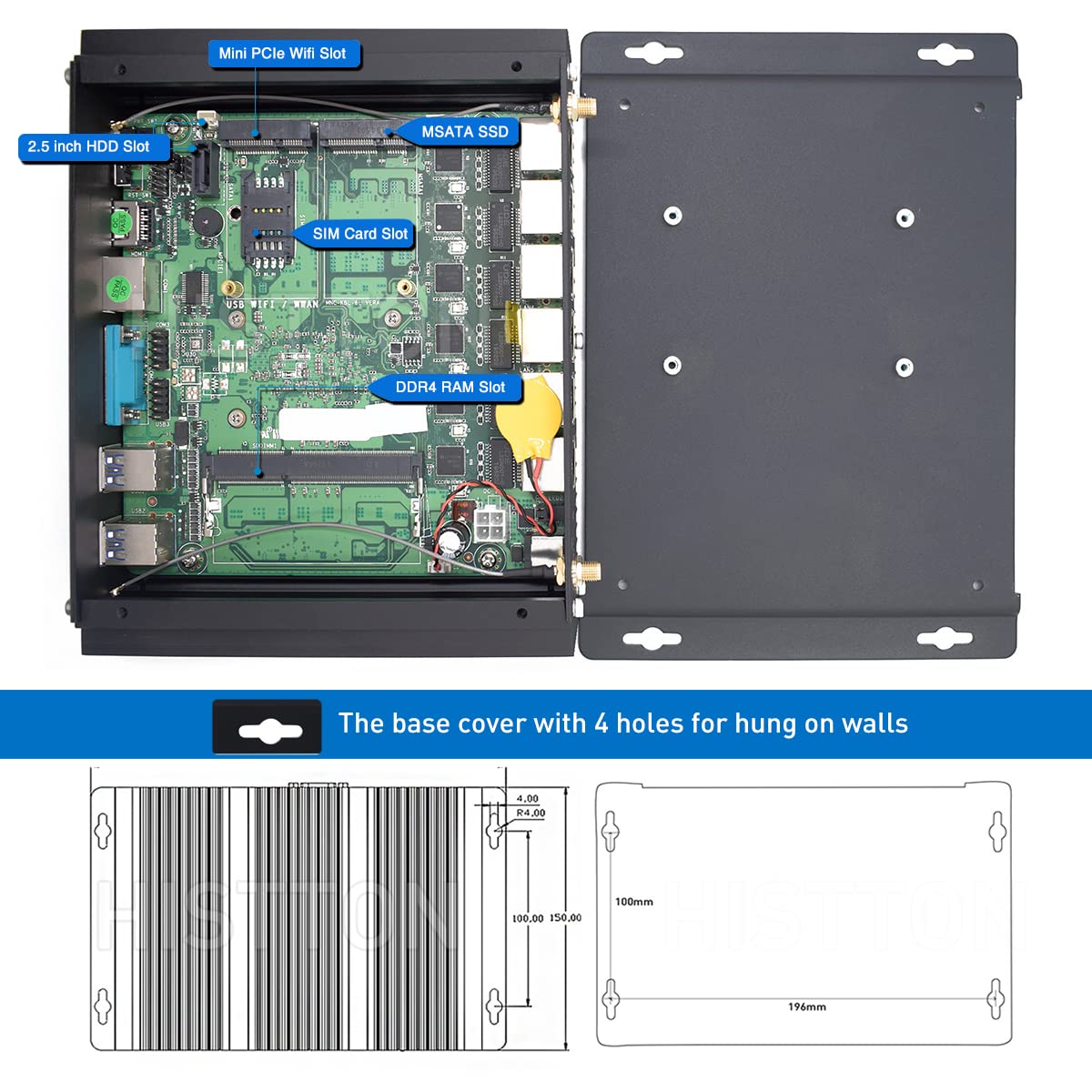 HISTTON Fanless Firewall PC, Firewall Hardware, OPNsense, VPN, Network Security Appliance, Router PC, Core i5-8265U 8GB DDR4 256GB SSD, AES-NI, 6 x 2.5GbE I225-V/1GbE I210 LAN, HD, WiFi, Auto Power On