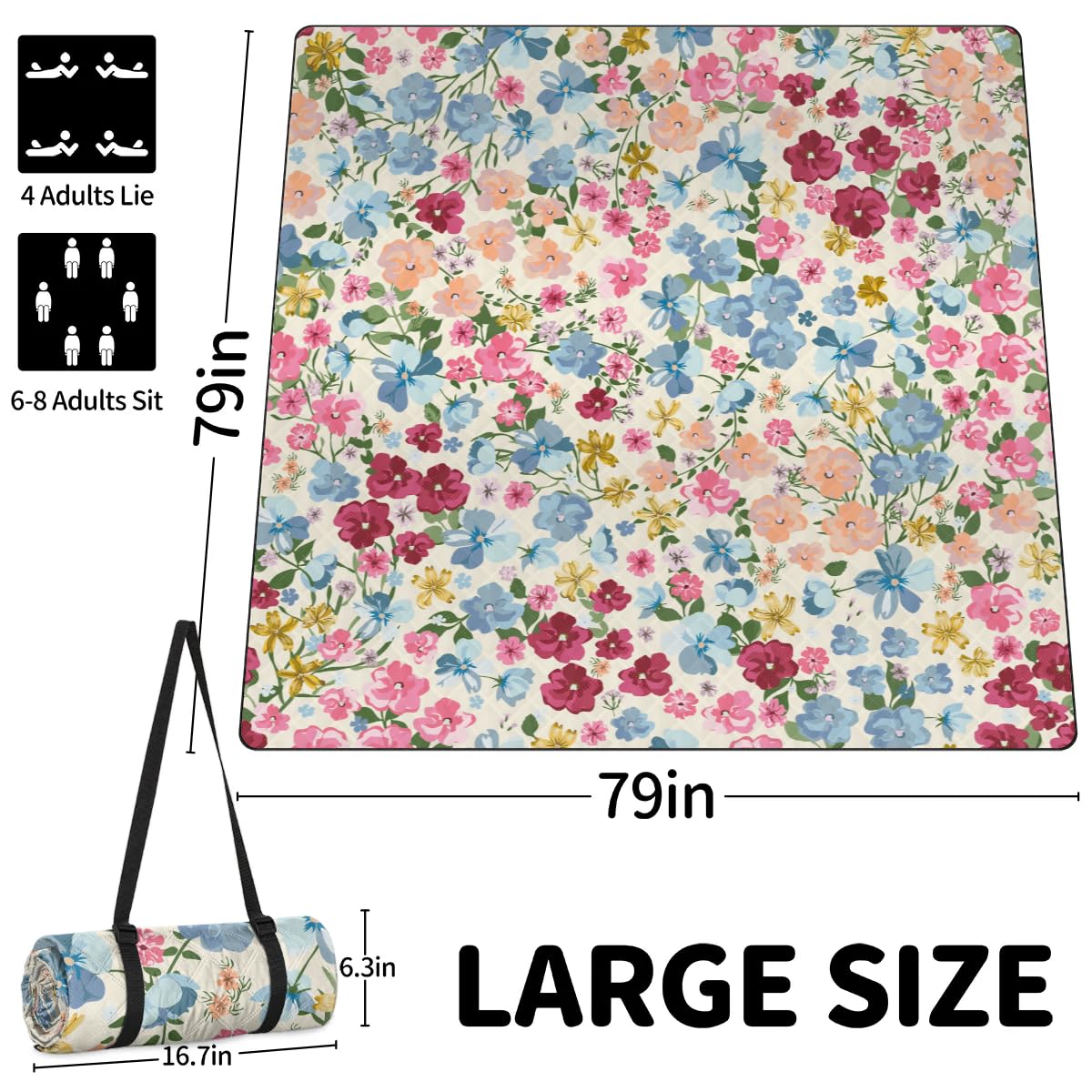 Picknickdecke mit Blumen, wasserdicht, sanddicht, faltbar, Stranddecke, 200,7 x 200,7 cm, extra groß, tragbar, waschbar, Outdoor-Matte für Camping, Park, Gras, Wandern, Reisen