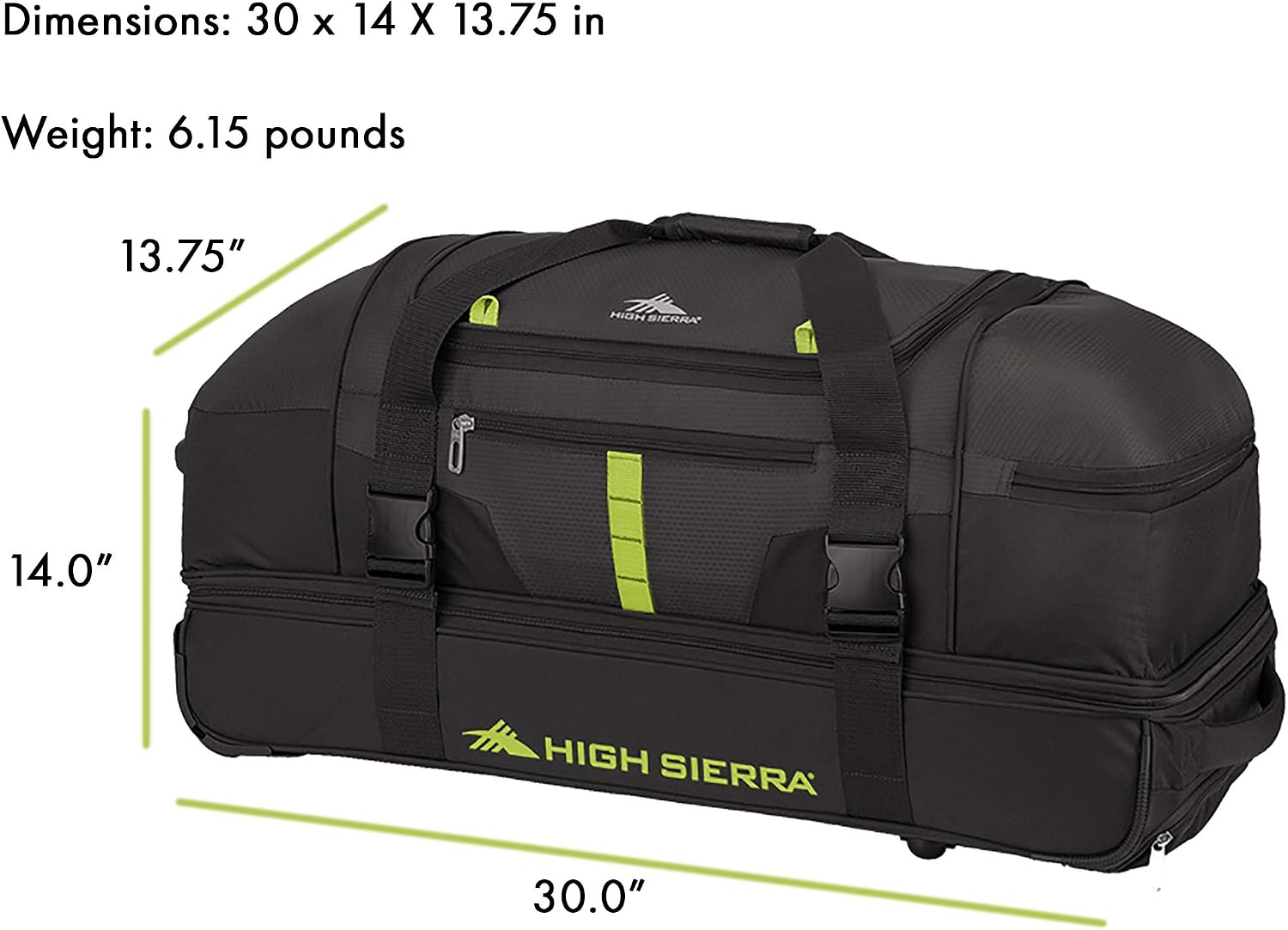 High Sierra Evolution Drop Bottom Rolling Duffel Bag, Black/Zest, 30-Inch