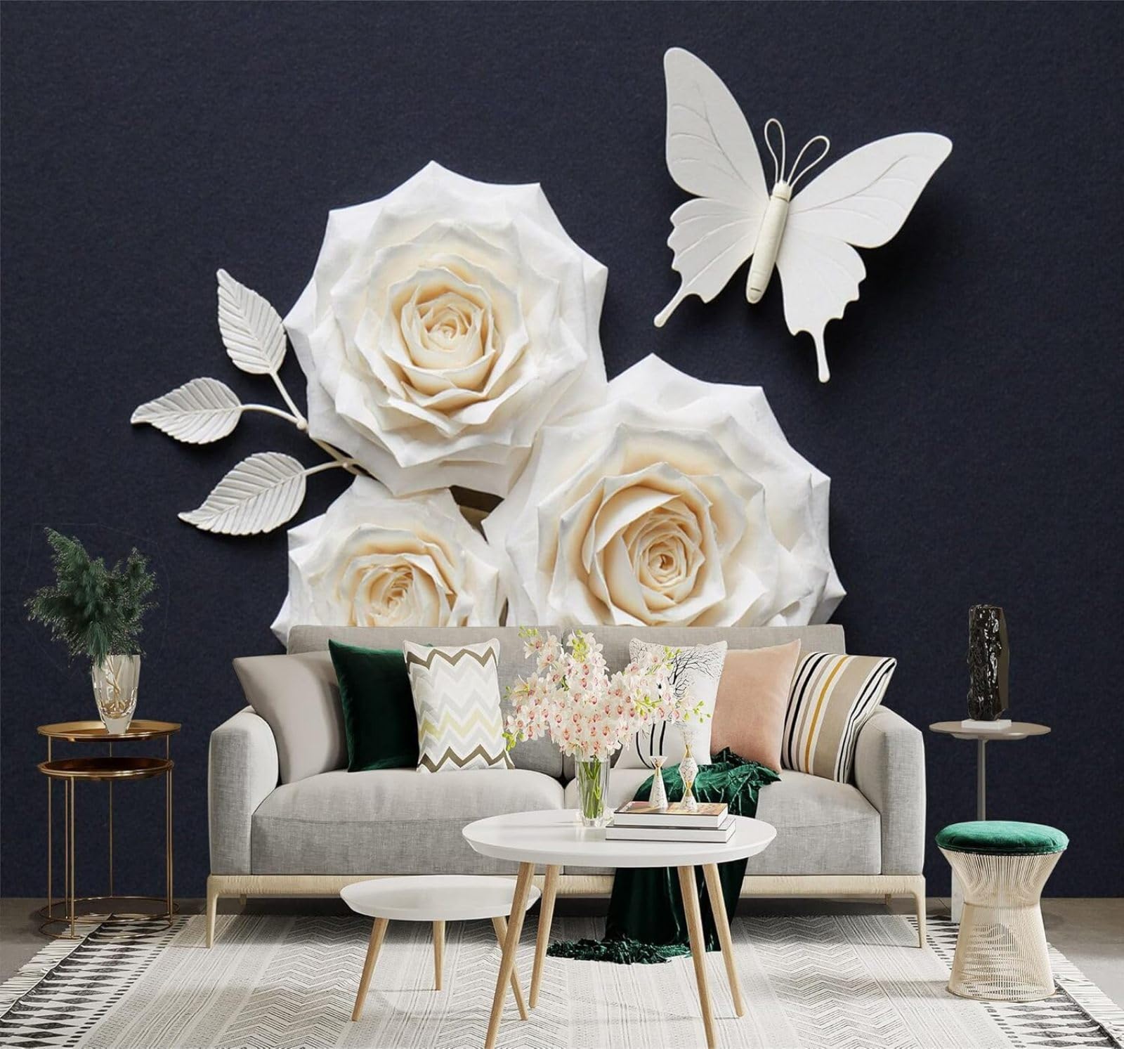 XLMING Simple Three Dimensional White Roses Leaves Butterflies 3D Wallpaper Silky Texture Home Study Office Grey Dining Room Sofa Bedroom Living Room TV Backdrop-250cm×170cm