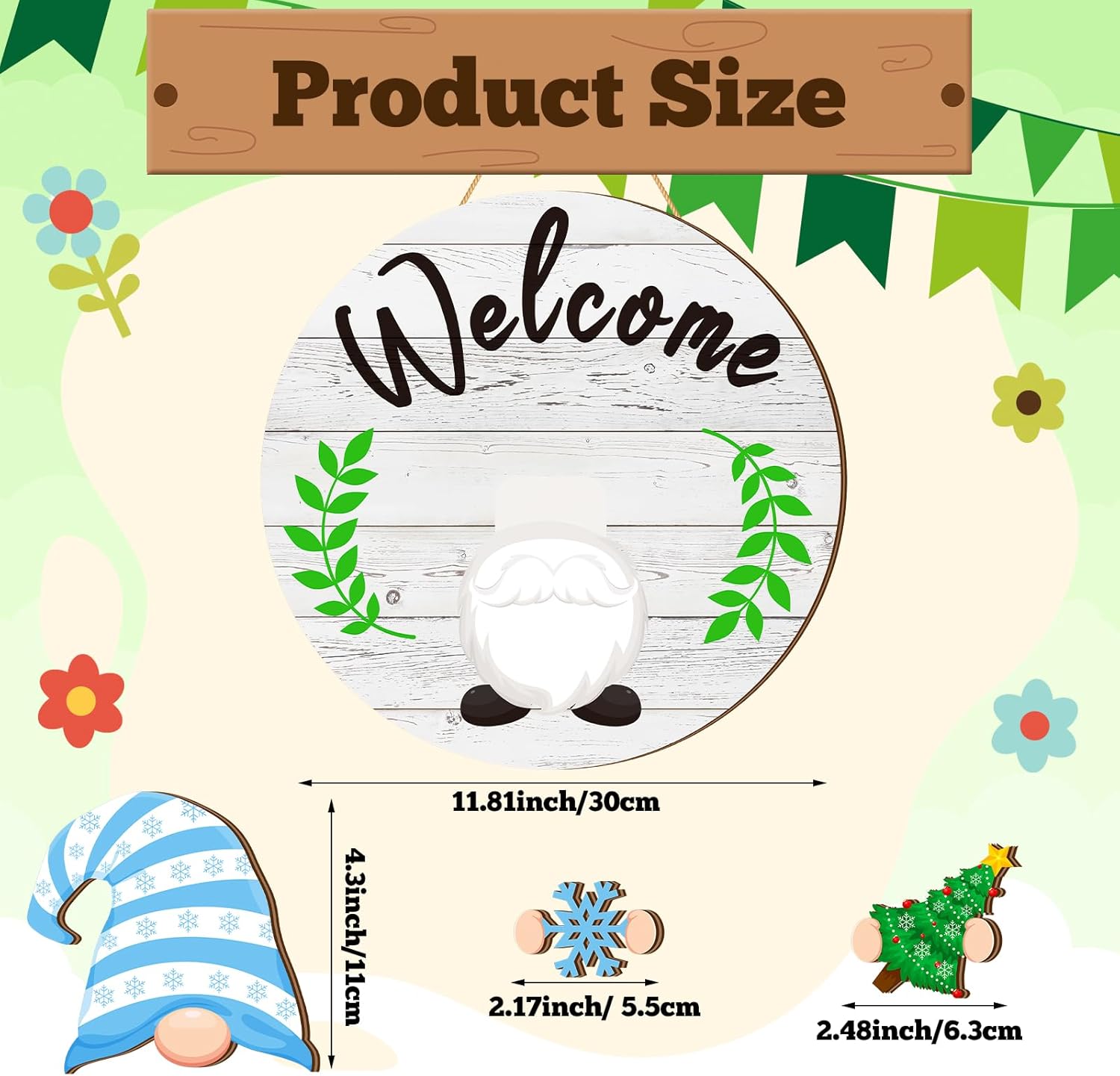 Riceshoot 41 Pcs Interchangeable Gnome Welcome Sign Christmas Door Decorations Seasonal Gnome Front Porch Door Decor 40 Changeable Icons Wooden Hanger with Magnet Holiday Wreath Housewarming Home Gift - Image 2