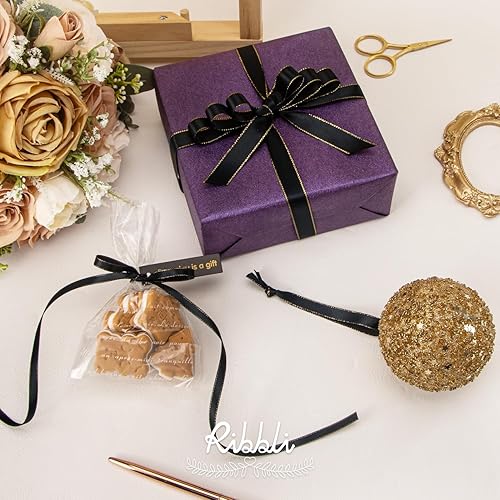 Miniatura 3 de Ribbli Cinta de satén negro con borde dorado, satén de doble cara de 14 pulgadas x 50 yardas, uso de cinta negra para manualidades, envoltura de