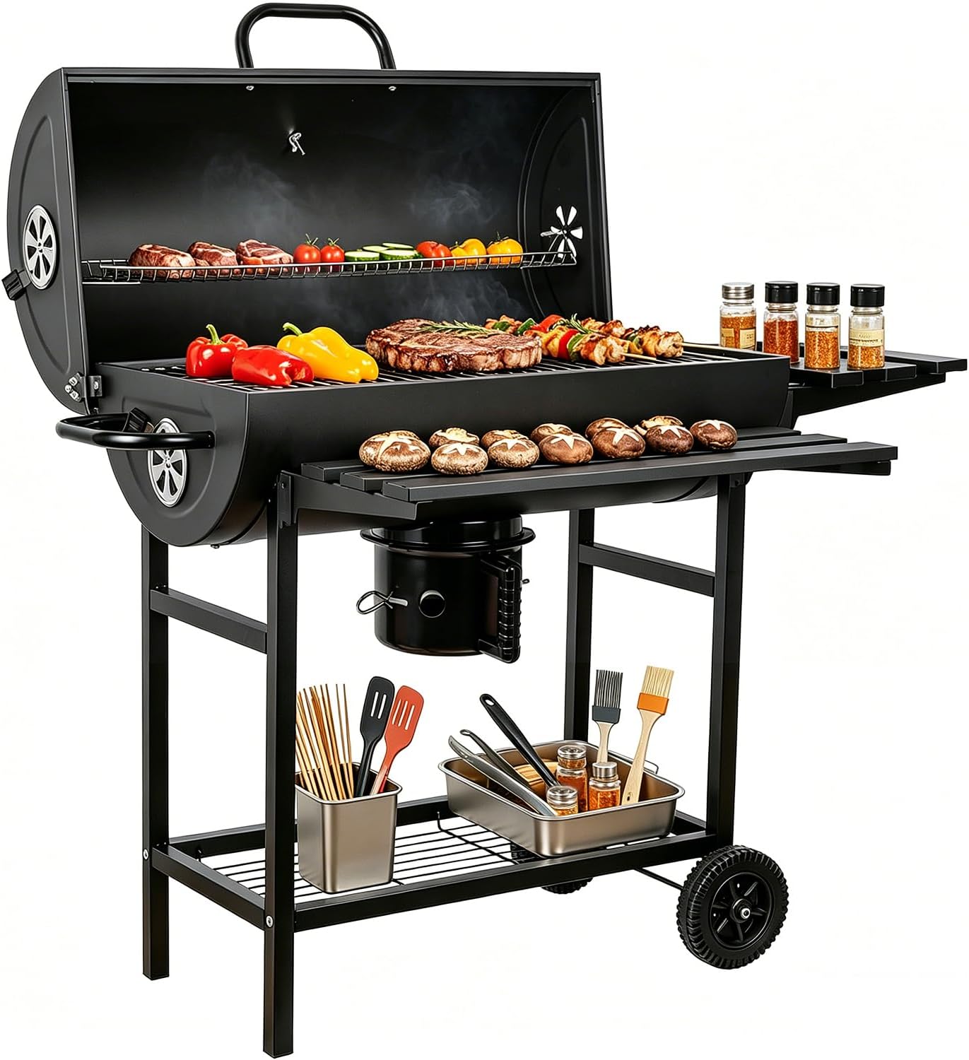 Charcoal Grill: Charcoal Barrel Grill - Large Portable Outdoor Grill with Double Wheel Design, Suitable for Outdoor, Backyard, and Camping Use (Larger)