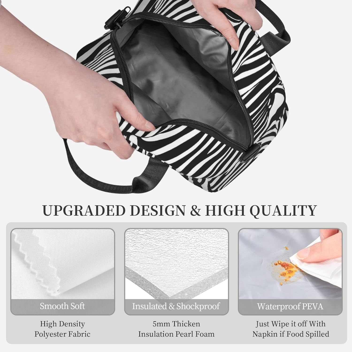 Zebra Print Print Reusable Lunch Bag Insulated Lunch Boxes for Office Work Picnic Tote Bag Adjustable
