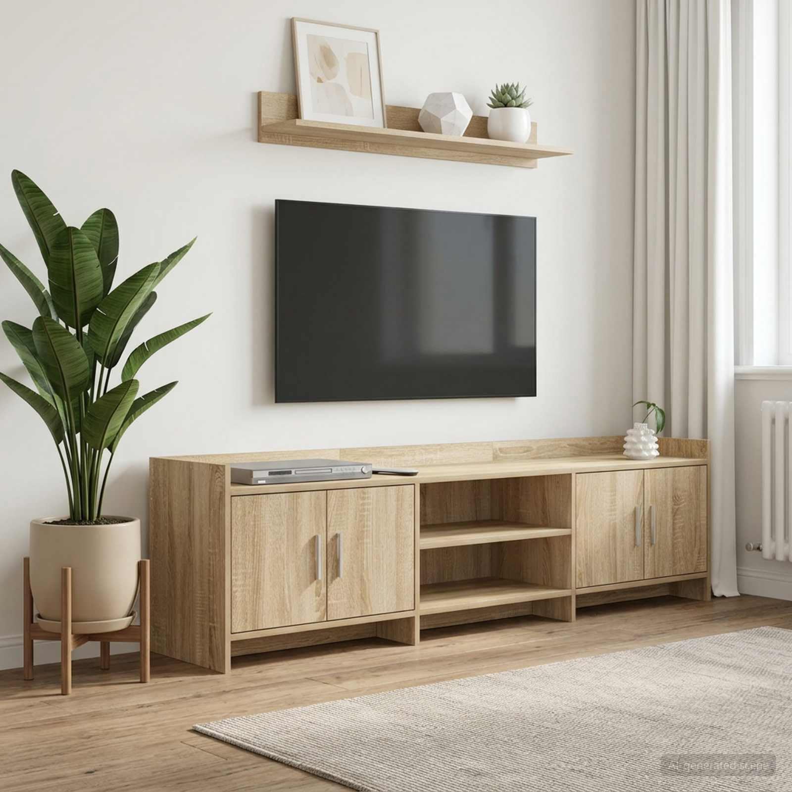 Szafka pod telewizor dąb Sonoma z materiału drewnopochodnego 168 x 33 x 47 cm, niska szafka z 4 drzwiami, 2 półki, miejsce do przechowywania do salonu, kina domowego, gier, TV do