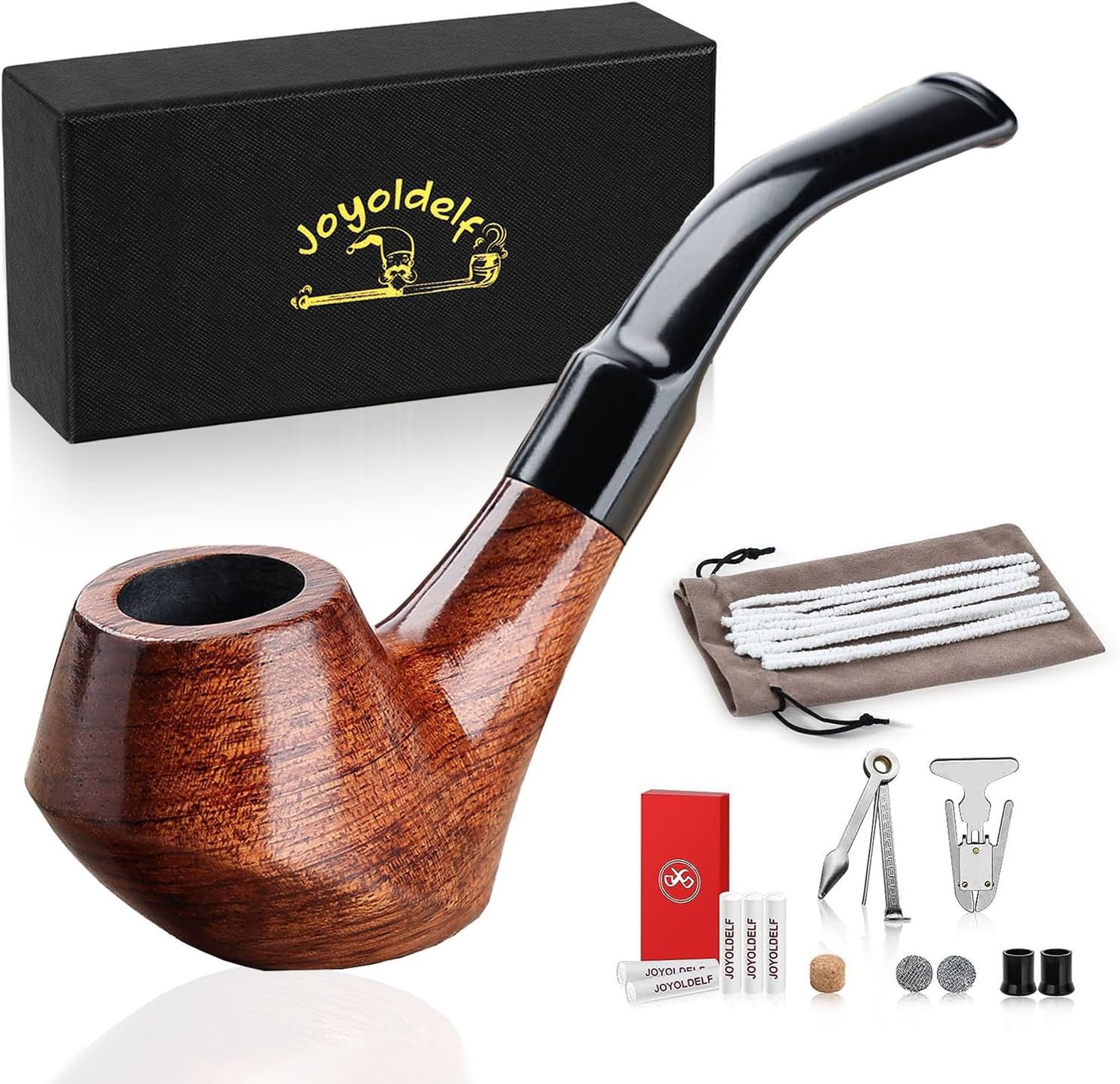 Wooden Tobacco Smoking Pipe Set - Joyoldelf Creative Wood Tobacco Pipe with Pipe Cleaner, Pipe Accessories, Bonus a Pipe Pouch with Gift Box