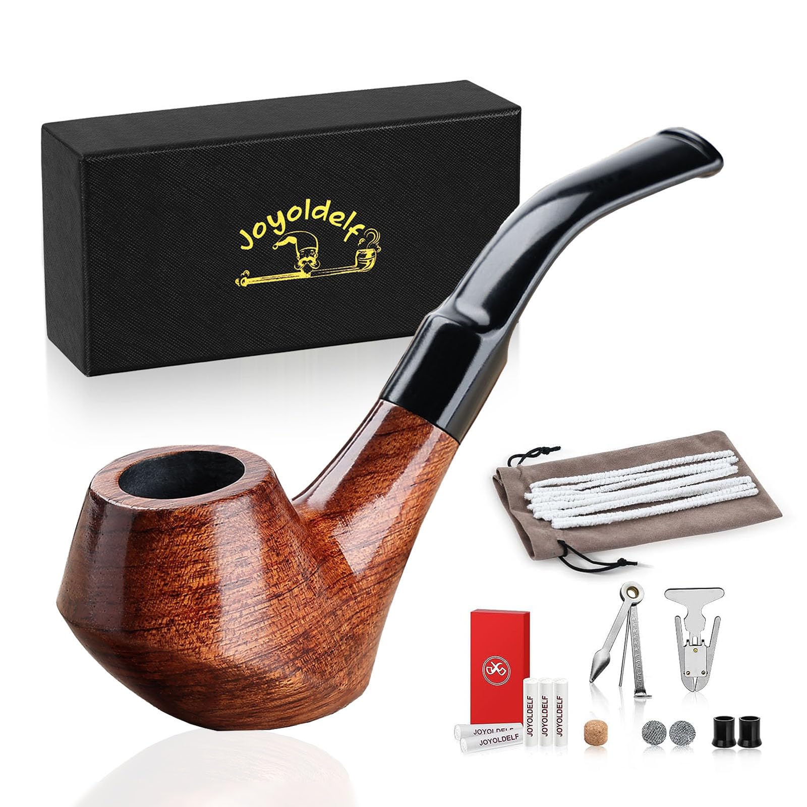 Wooden Tobacco Smoking Pipe Set - Joyoldelf Creative Wood Tobacco Pipe with Pipe Cleaner, Pipe Accessories, Bonus a Pipe Pouch with Gift Box