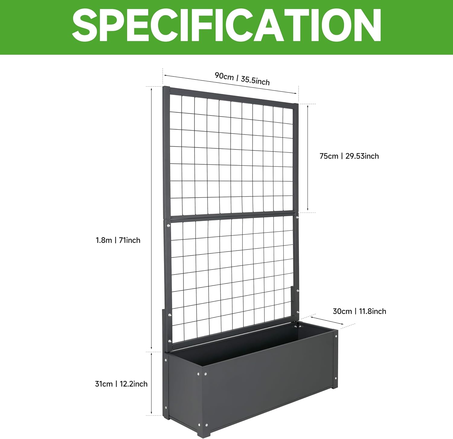 Metal Planter with Trellis Raised Garden beds Outdoor (35.5" L*12" W*71" H) inch Planter Box with Trellis&Privacy Screen for Climbing Plants, Vegetables, Vines
