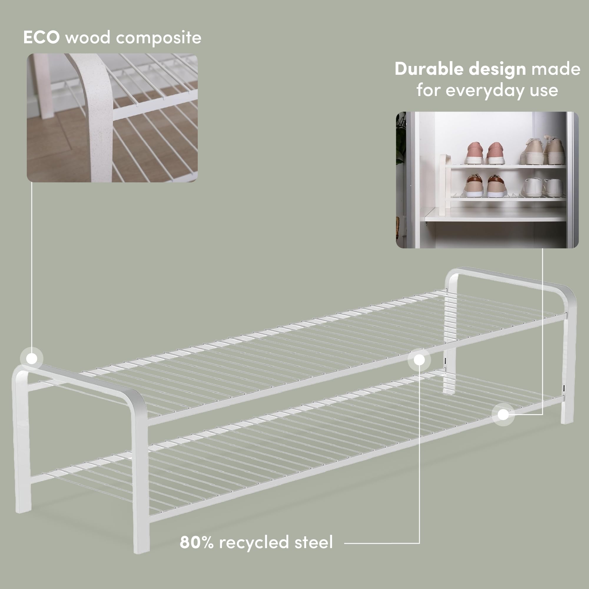 LM 393 Schmales Schuhregal für Eingangsbereich, Flur und Schrank, platzsparende Aufbewahrung und Organisation, 107 cm breit (2 Ebenen, Weiß)