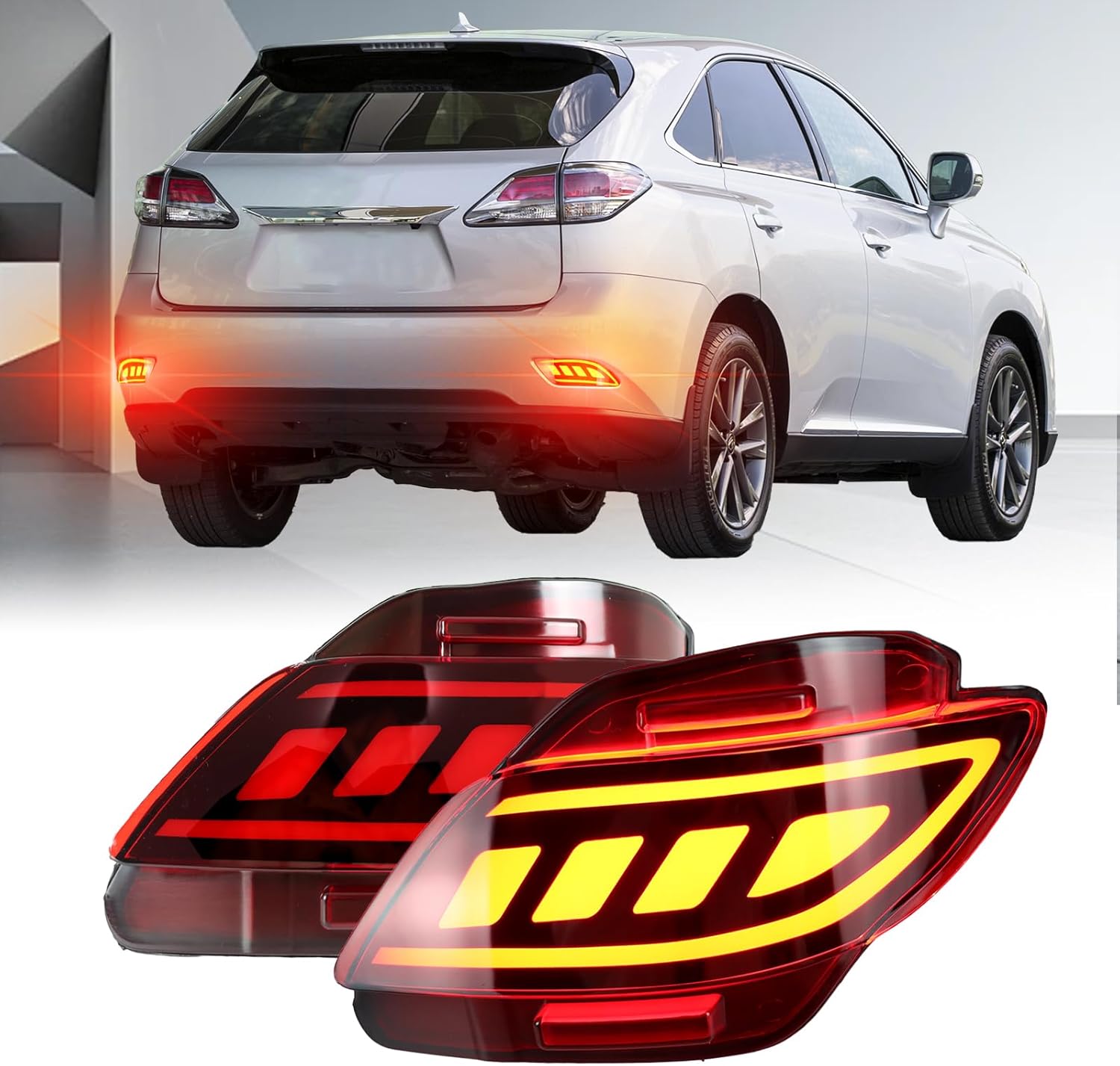 Red LED Rear Bumper Reflectors Fog Brake Tail Light Lamps Compatible with Lexus RX350 2009-2015 Add on Turn Signal Feature Accessories (Red)