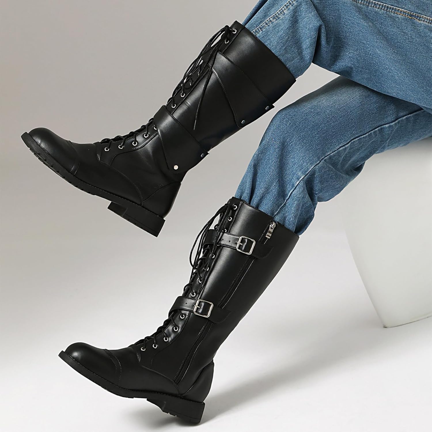 Men's Round Toe Knee High Boots, Side Zipper, Flat Long Boots, Riding Motorcycle Boots, Buckle Strap Lacing Design