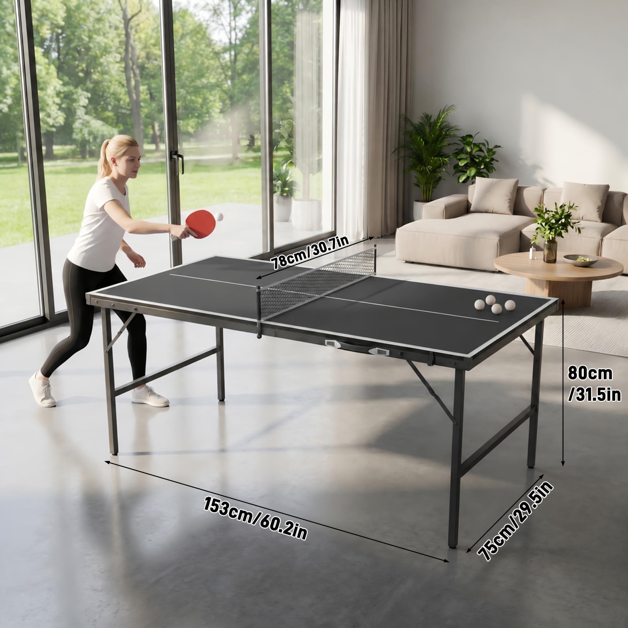 YRHome Mini Tischtennisplatte Klappbar 153x75x80cm, 14mm Laminierte MDF Tischtennistisch mit Verzinktem Stahlgestell, Tragbar Koffer-Design inkl. 2 Schläger 5 Bälle Netz Aufbewahrungstasche
