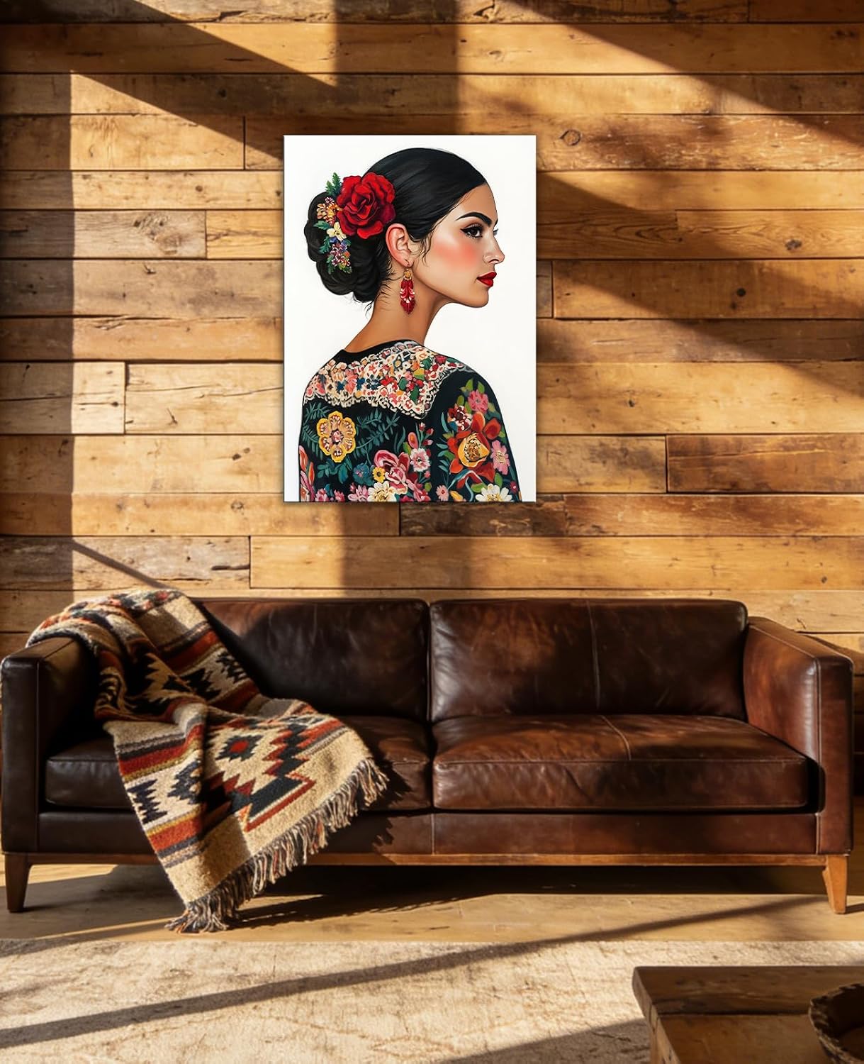 GLOKAKA Mexican Wall Art Vintage Floral Woman Portrait Canvas Prints Bohemian Decor for Living Room Bedroom Ready to Hang(Artwork-2,16"x24")