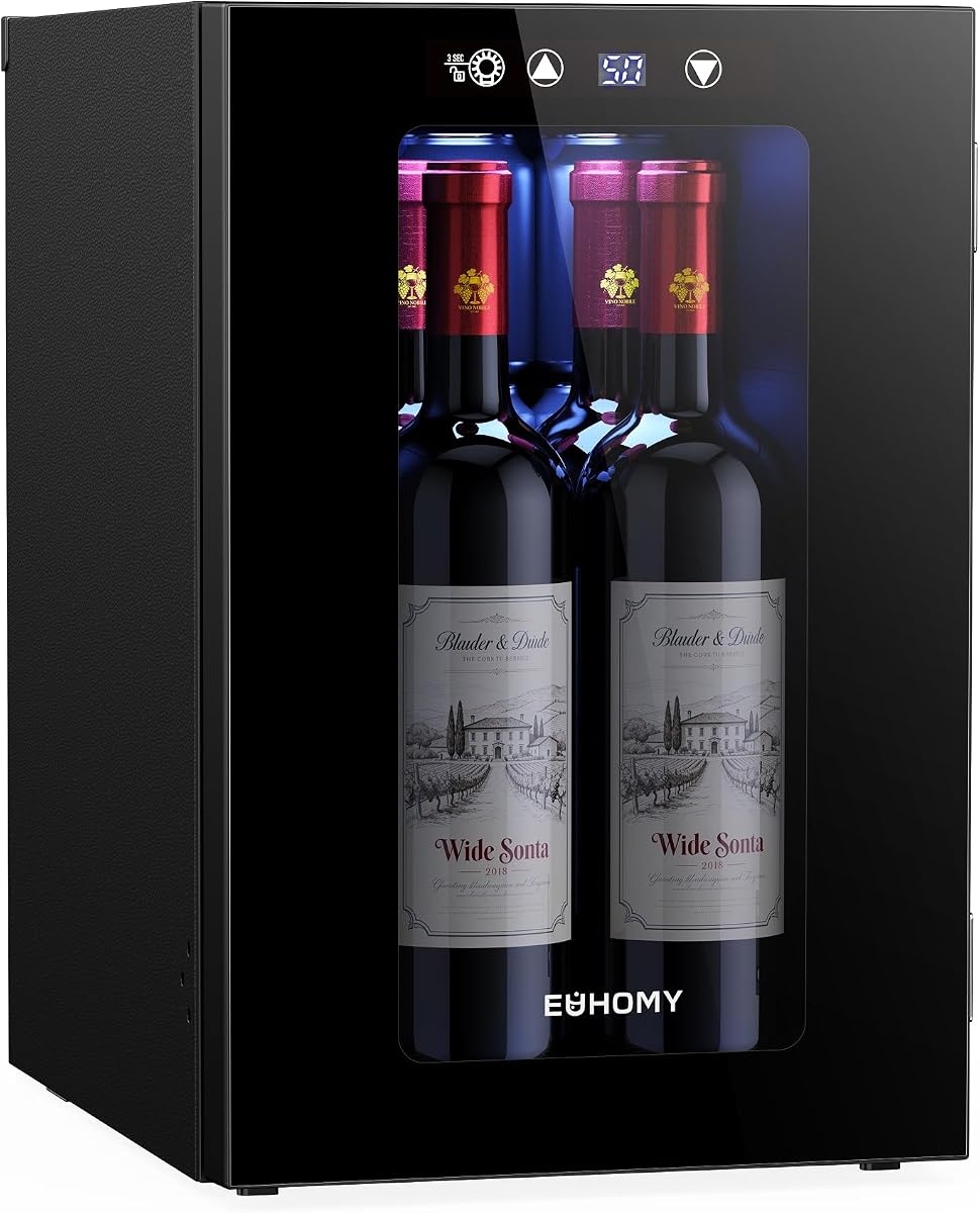 18L Wine Fridge Mini Fridge, Freestanding Counter-top Wine Cooler | 40°F to 61°F, 4 Bottle and 6 Can, Compressor Cooling, Glass Door, Adjustable Shelves, LED Digital Temperature Control, Quiet