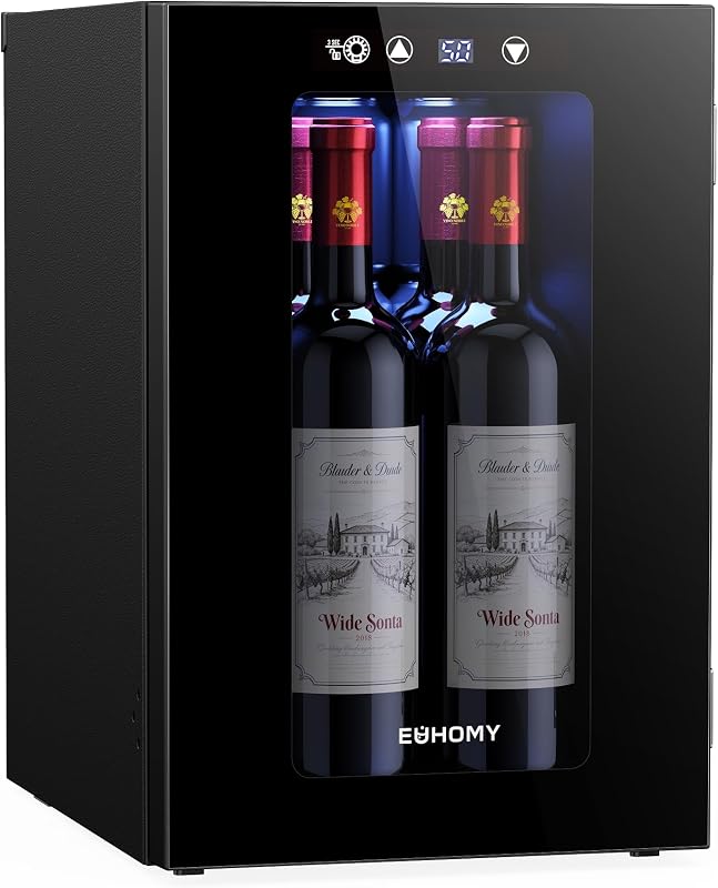 18L Wine Fridge Mini Fridge, Freestanding Counter-top Wine Cooler | 40°F to 61°F, 4 Bottle and 6 Can, Compressor Cooling, Glass Door, Adjustable Shelves, LED Digital Temperature Control, Quiet