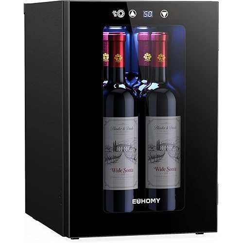 EUHOMY 18L Freestanding Counter-top Wine Fridge Mini Fridge, 4 Bottle and 6 Can Wine Cooler for Red White Wine, Wine Cellar with LED Digital Temperature Display Quiet, Black