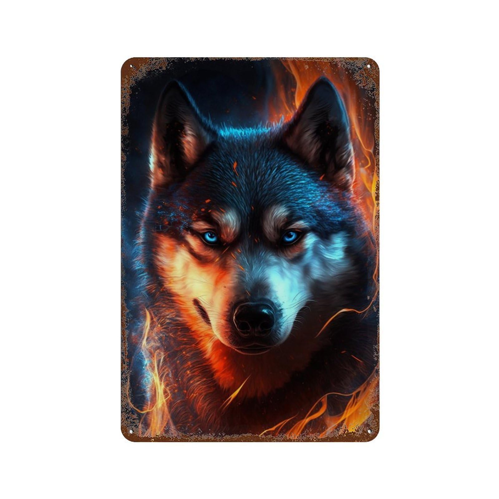 Flaming Wolf Art Print-5 11.8"x7.9" Rust Effect Tin Sign, Vintage Wall Decor for Farmhouse, Kitchen And Entryway Decor