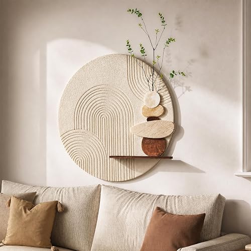 Briwooody 3D Textured Neutral Abstract Wall Art Decor with Shelf