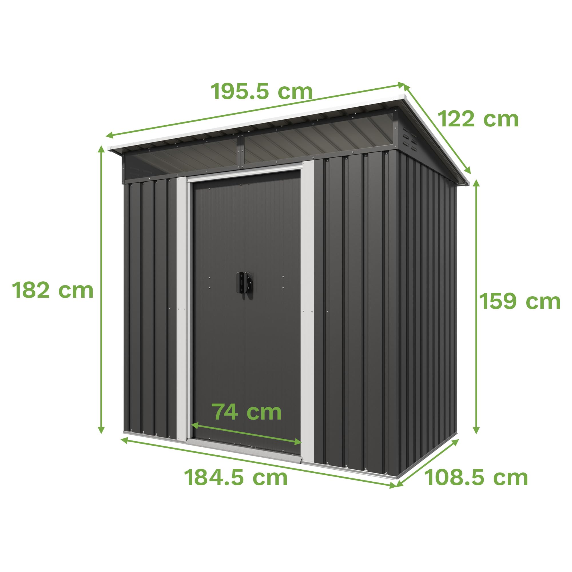 Triumphkey Metall Gerätehaus 3.6m³ mit Fundament, 183x109x182cm, Gartenhaus mit Oberlichte, Pultdach, Gartenschuppen für Terrasse, Rasen, Anthrazit