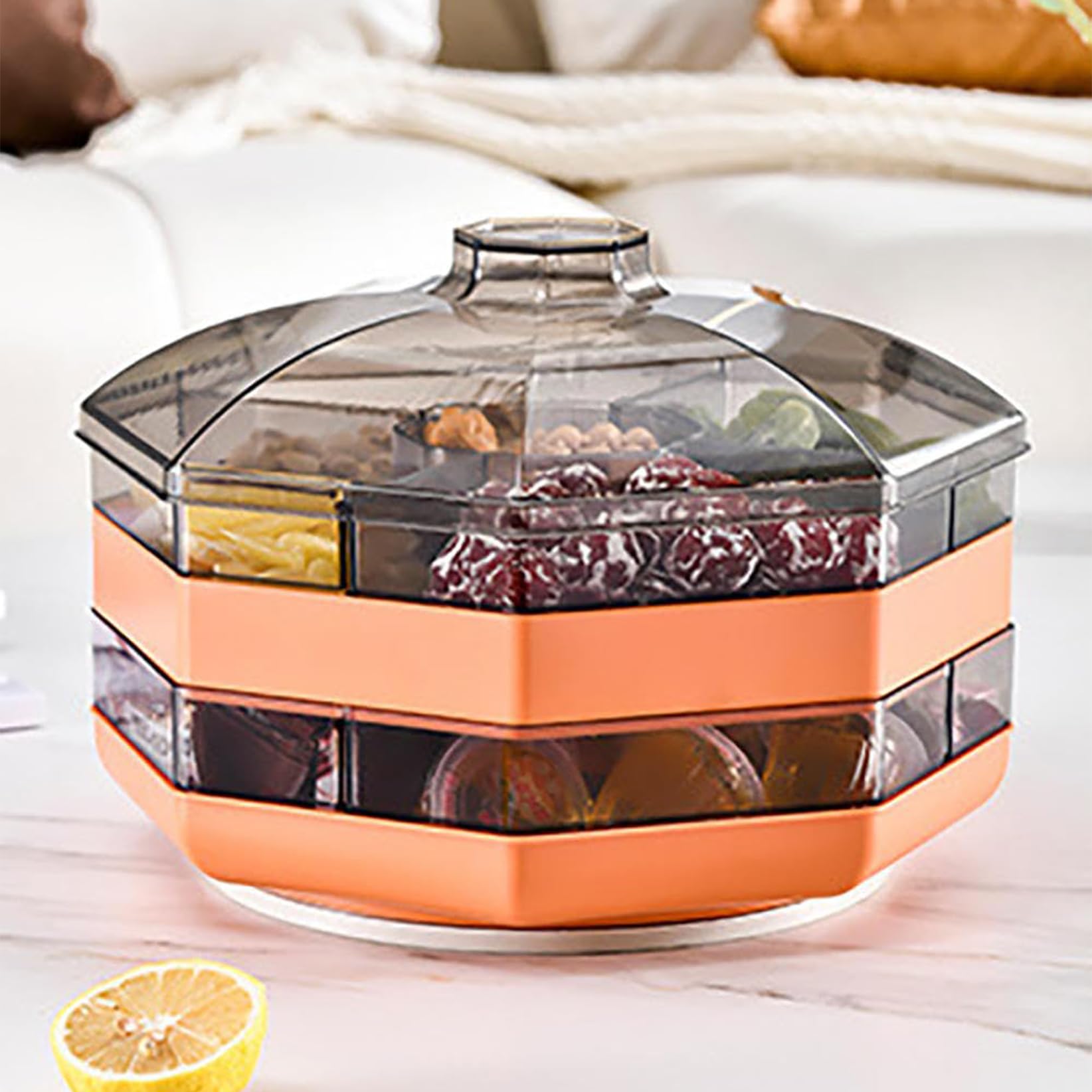 Plateau à fruits rotatif double couche avec couvercle – Plateau de service divisé pour fruits, noix, fruits secs et apéritifs – Design blanc élégant pour fêtes et rassemblements