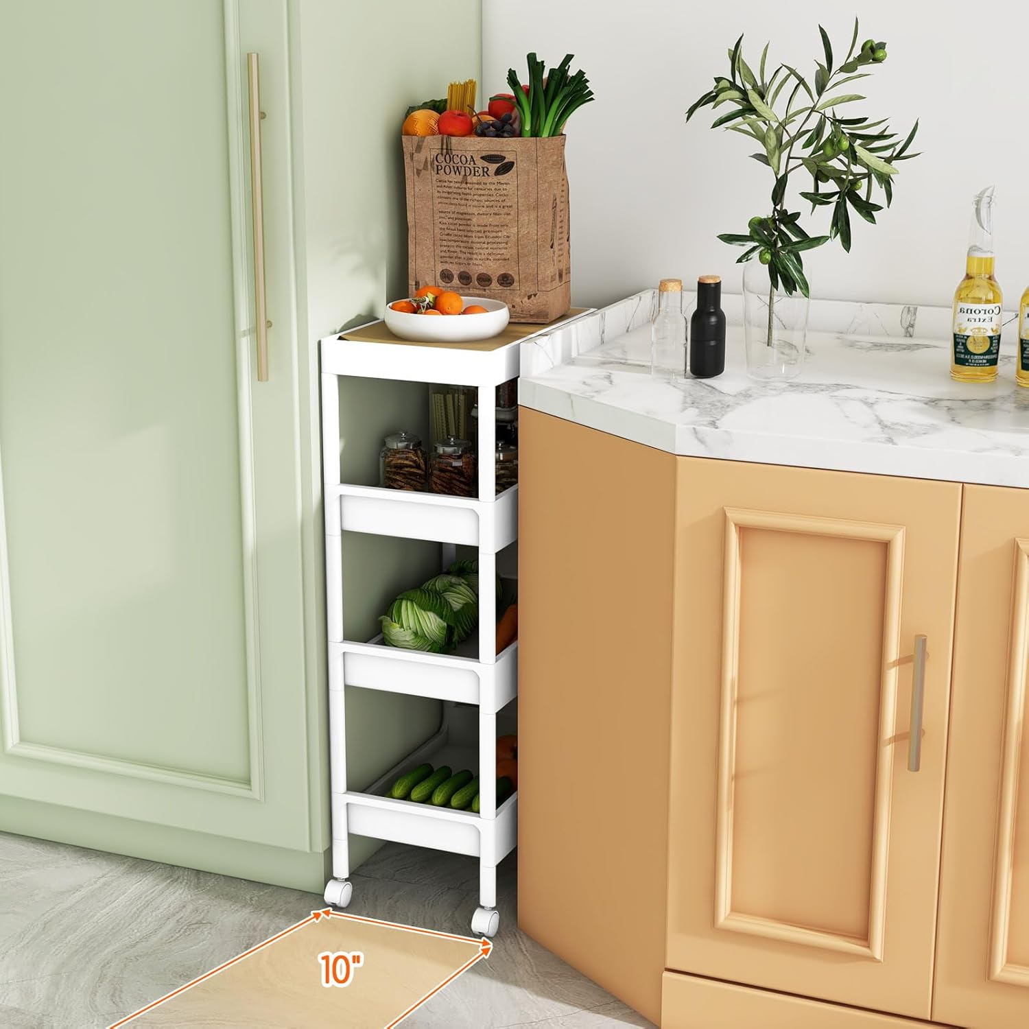 Slim Utility Cart, 4-Tier Rolling Cart with Detachable Tray Top & Lockable Wheels, Mobile Organizer Serving Cart Bathroom Cart, Rolling Storage Cart for Bathroom Kitchen (1, 33” H)