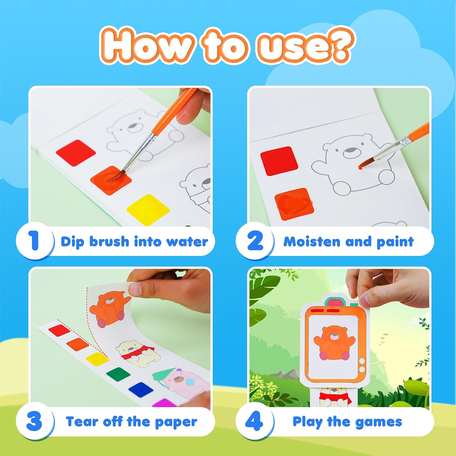 YPLUS Pocket Paint with Water Books for Toddlers 1-3, 4-Pack 4 Themes | Mess Free Water Color Paint Set for Kids, Magic Book with Brush, Travel Toys Art Craft Gift Ages 3-5 4-6 6-8