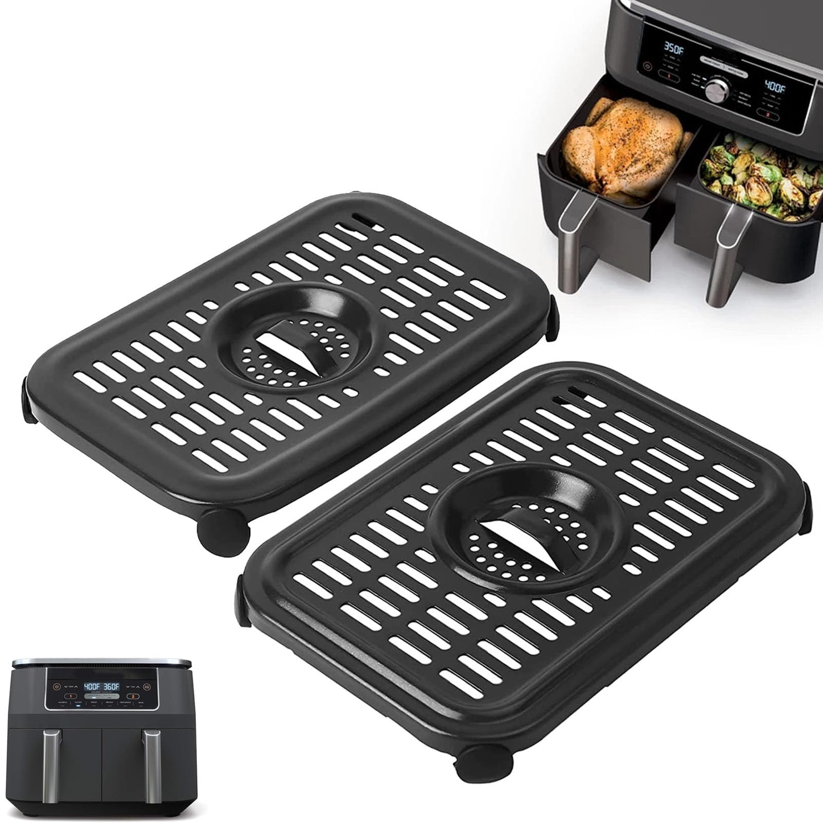 GXF Air Fryer Grill Tray for Ninja Foodi DZ100 DZ201 Air Fryers, 2 Packs Replacement Air Fryer Crisper Plate Grill Plate Pan Accessories with Rubber Bumpers, Dishwasher Safe