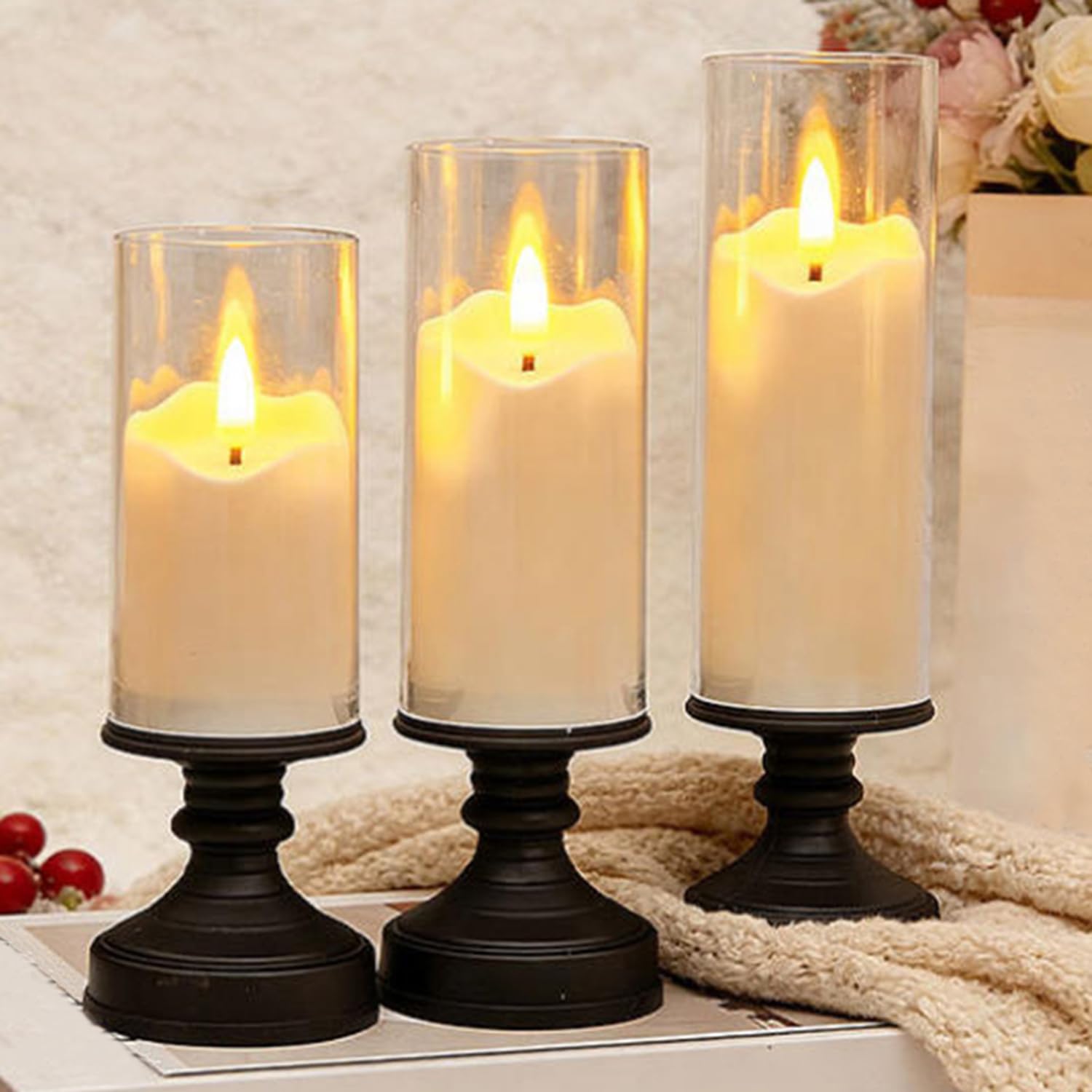 Tisaika 3Pcs Flameless LED Pillar Candles with Stand Holders, Battery Operated Flickering Electronic Candles Smoke-Free, Vintage Decorative LED Candle Lights for Wedding Table Home Christmas Decor