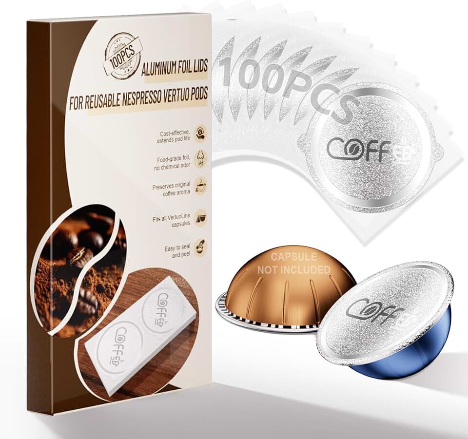 100 Pcs Aluminum Foil Seal Lids with Double Ear Tabs, Strong Sealing Performance, 3-Point Positioning Design for Reusable Nespresso Vertuo Coffee Pods Capsules