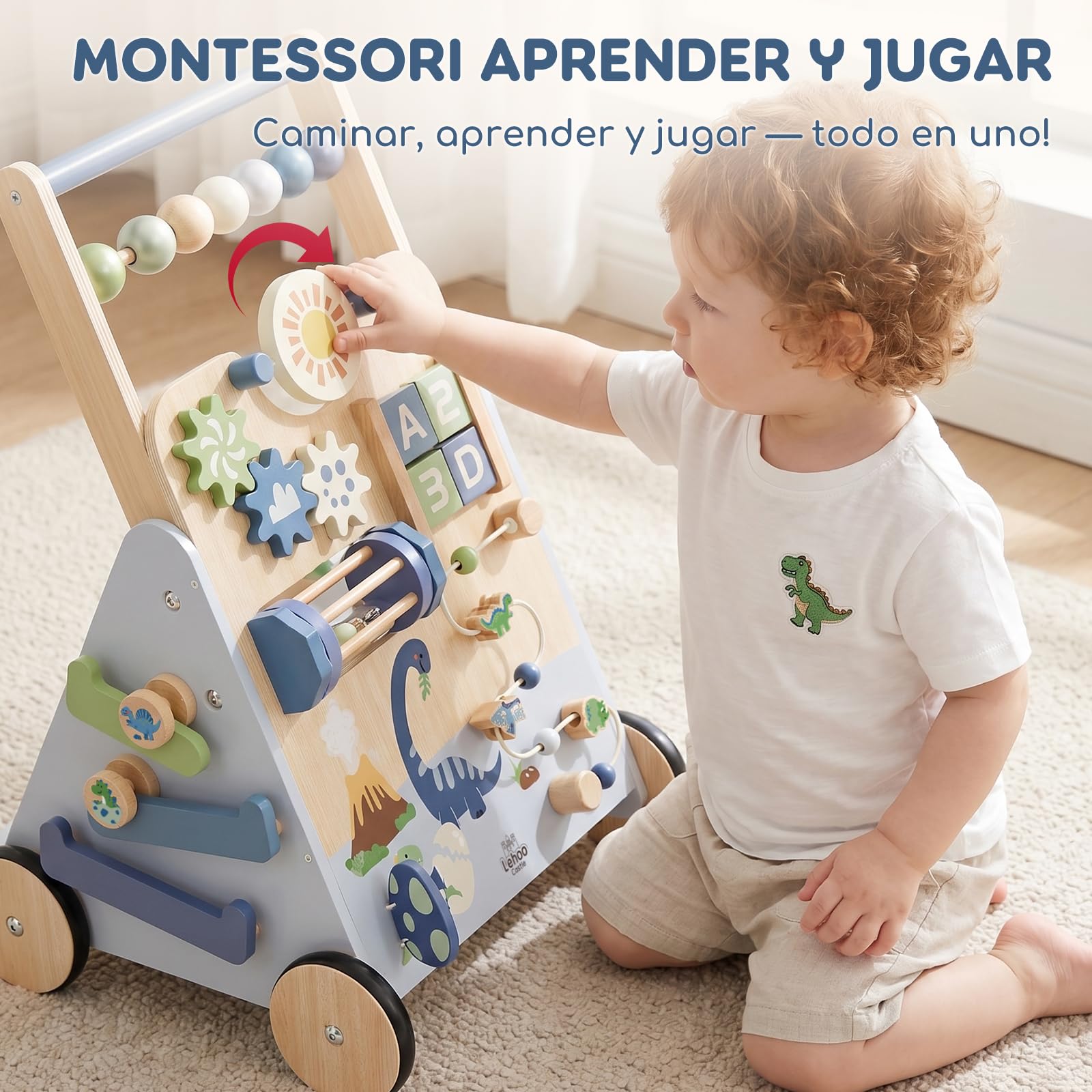 Lehoo Castle Andador Bebes de Madera, Caminador Bebé Dinosaurio | Freno Ajustable, Centro de Actividades 9 en 1, Montaje Fácil, Juego Educativo Montessori, Regalo Bebé Niño 1 Año
