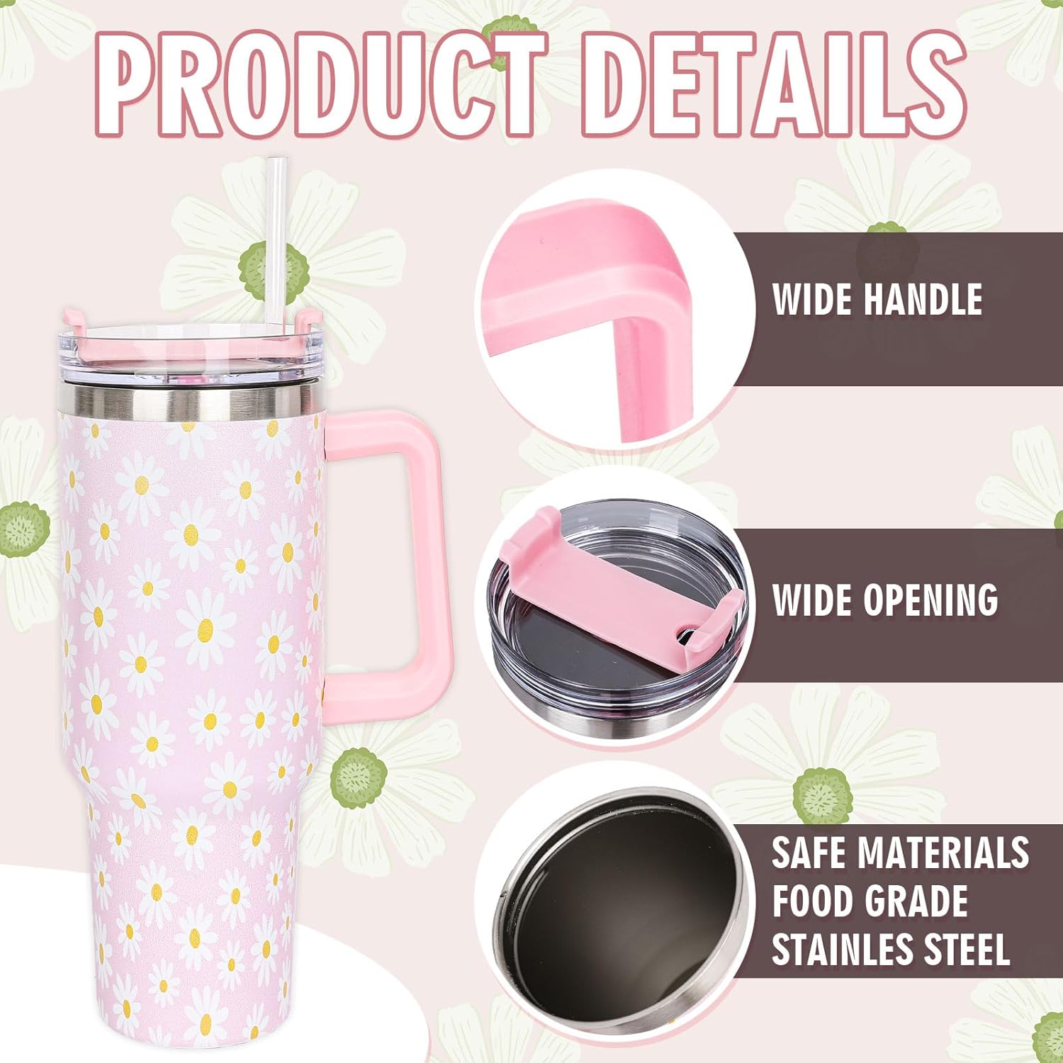 Whaline 40oz Pink Daisy Tumbler with Handle Straw and Lid Cute Flower Travel Coffee Tumbler Cup for Women Friend Holiday Birthday Gift - Image 3