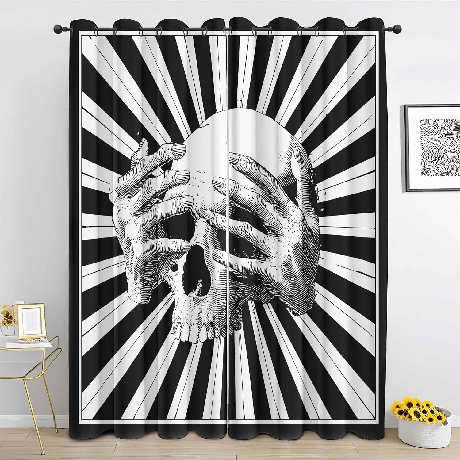 Horror Skull Blackout Curtains 39 Inches Long, Gothic Black Crow Curtains for Kitchen Windows, Halloween Drapes, Grommet Window Curtain 27.5 x 39 Inch