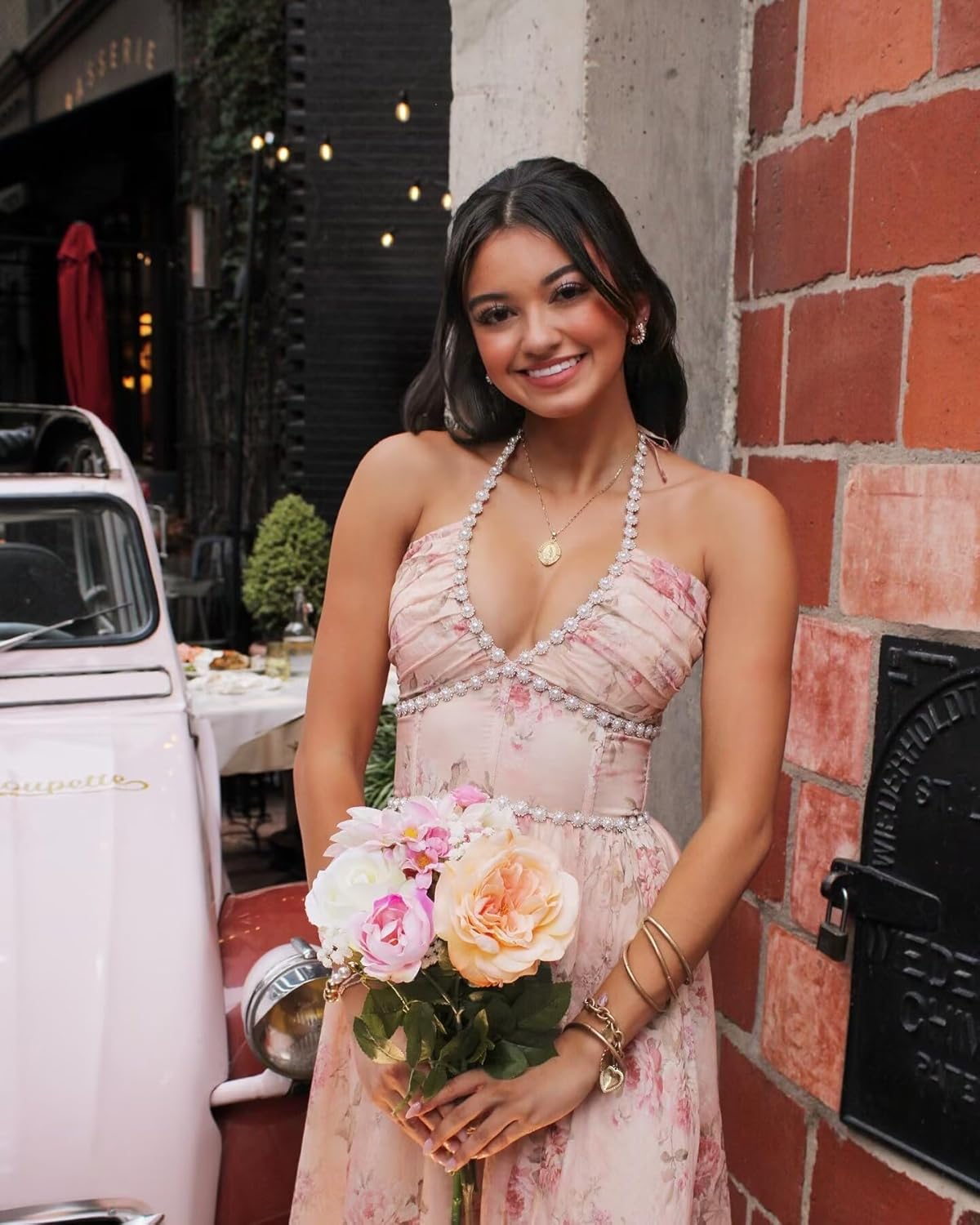 Floral Print Prom Dresses for Women Pearl Halter Ball Gowns with Slit Backless Chiffon Formal Evening Party Dress